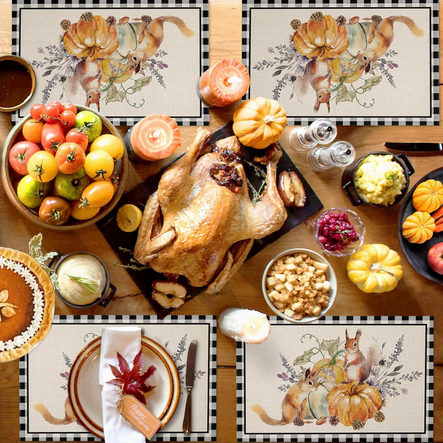 Fall Placemats for Dining Table, Squirrel Pumpkin Buffalo Plaid Autumn Seasonal Vintage Farmhouse Placemats Set of 4, Washable Table Mats for Home Kitchen Thanksgiving Holiday Decor