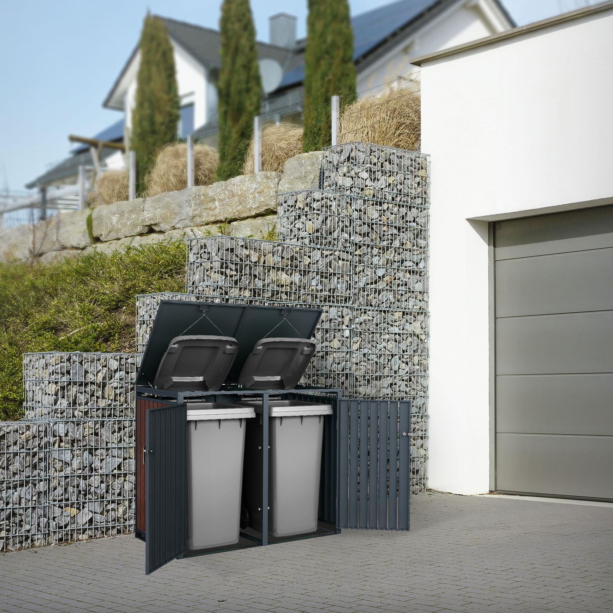ML-Design 2x Copribidone Doppio per Rifiuti 240L 264x80x116,3 cm Antracite Effetto Ruggine in Acciaio Box per Spazzatura Copribidone 4 Porte per Pattumiera da Esterno Capanno da Giardino