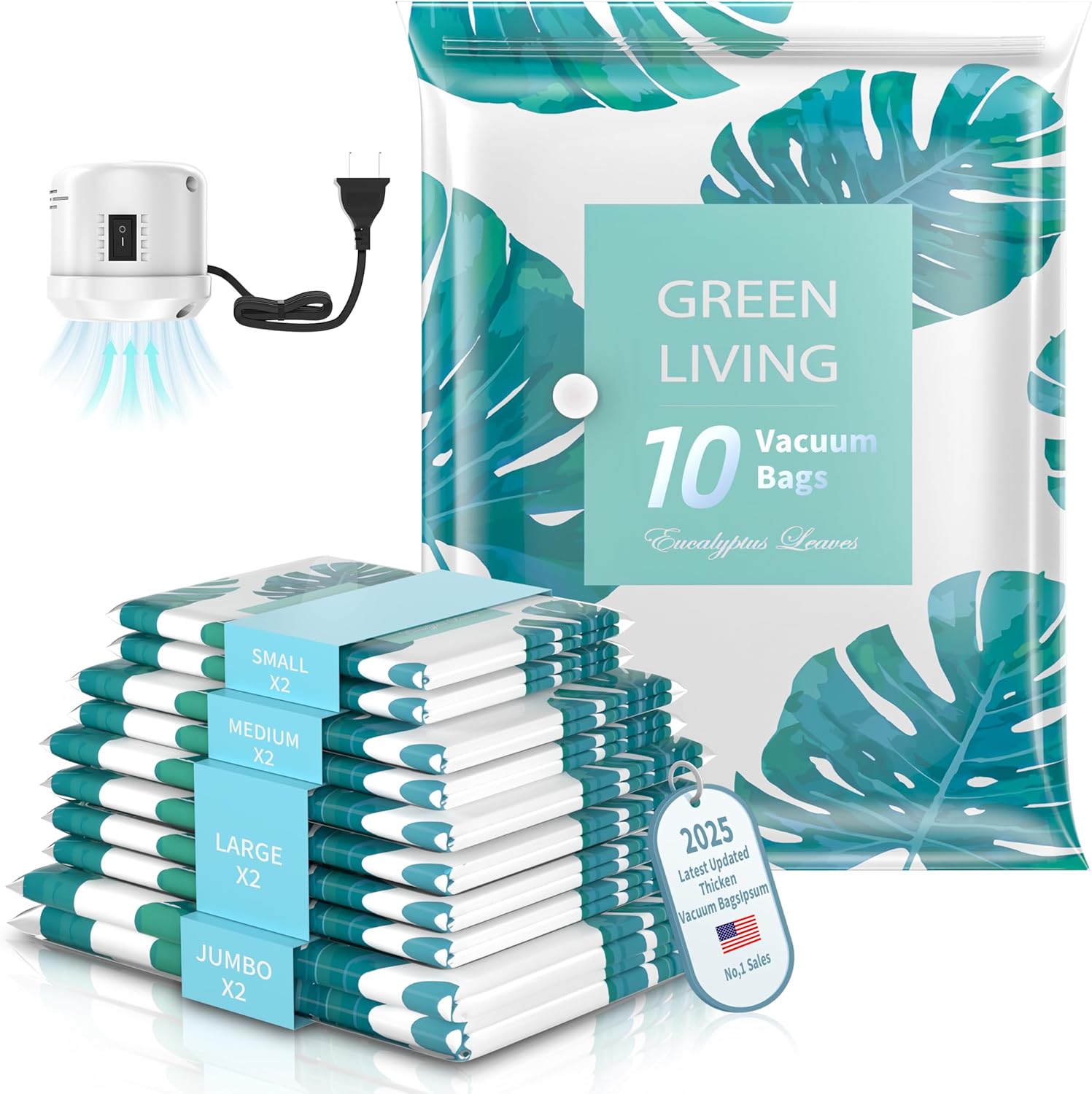 Vacuum Storage Bag with Electric Pump, Travel Safe, Space Saving Bags for Clothes, Blankets, Comforters, Pillows, Comforters and Travel (Pack of 10)