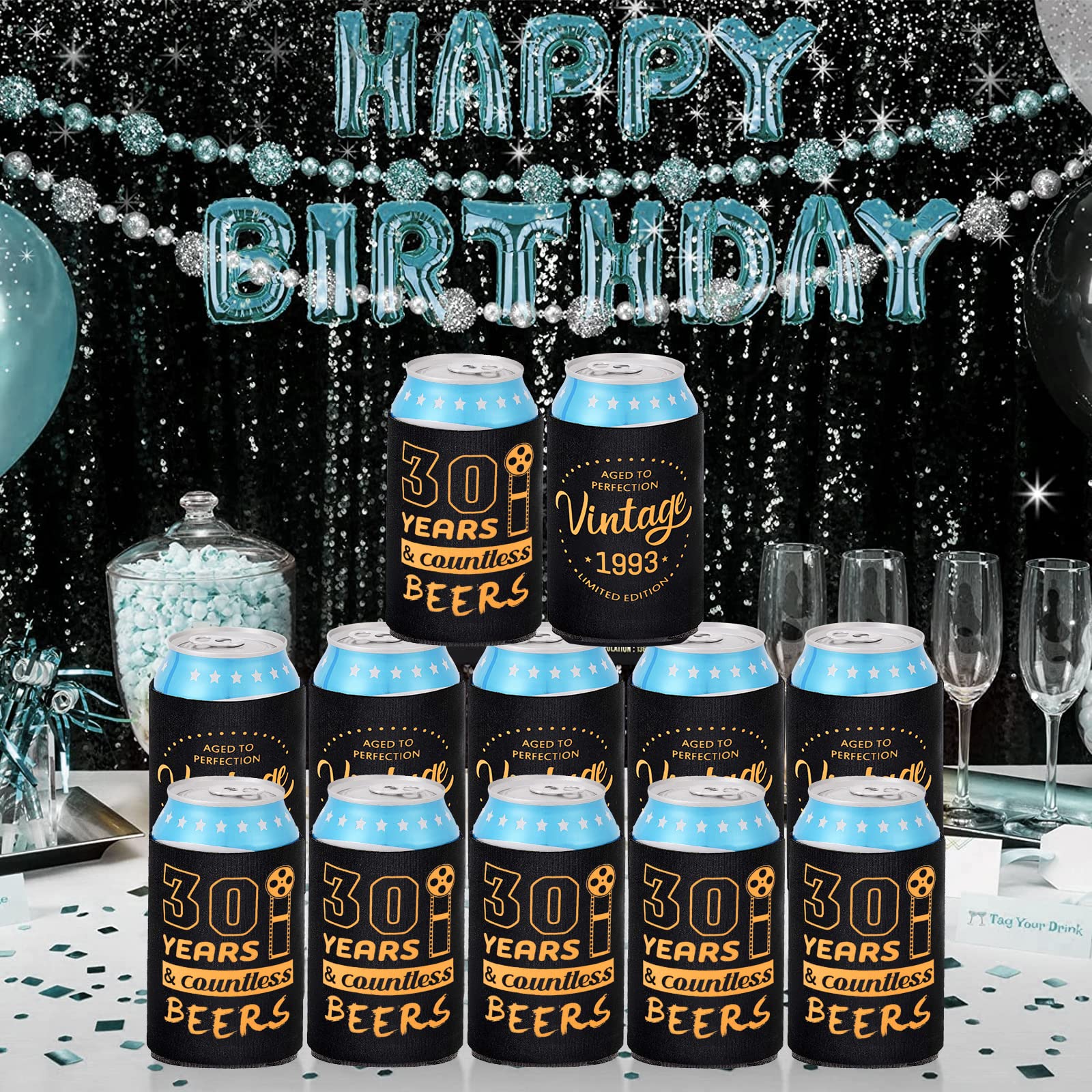Happy 30th Birthday Can Coolers – 12-Pack Neoprene Sleeves For 12 Oz Cans, Black & Gold, 1993 Theme