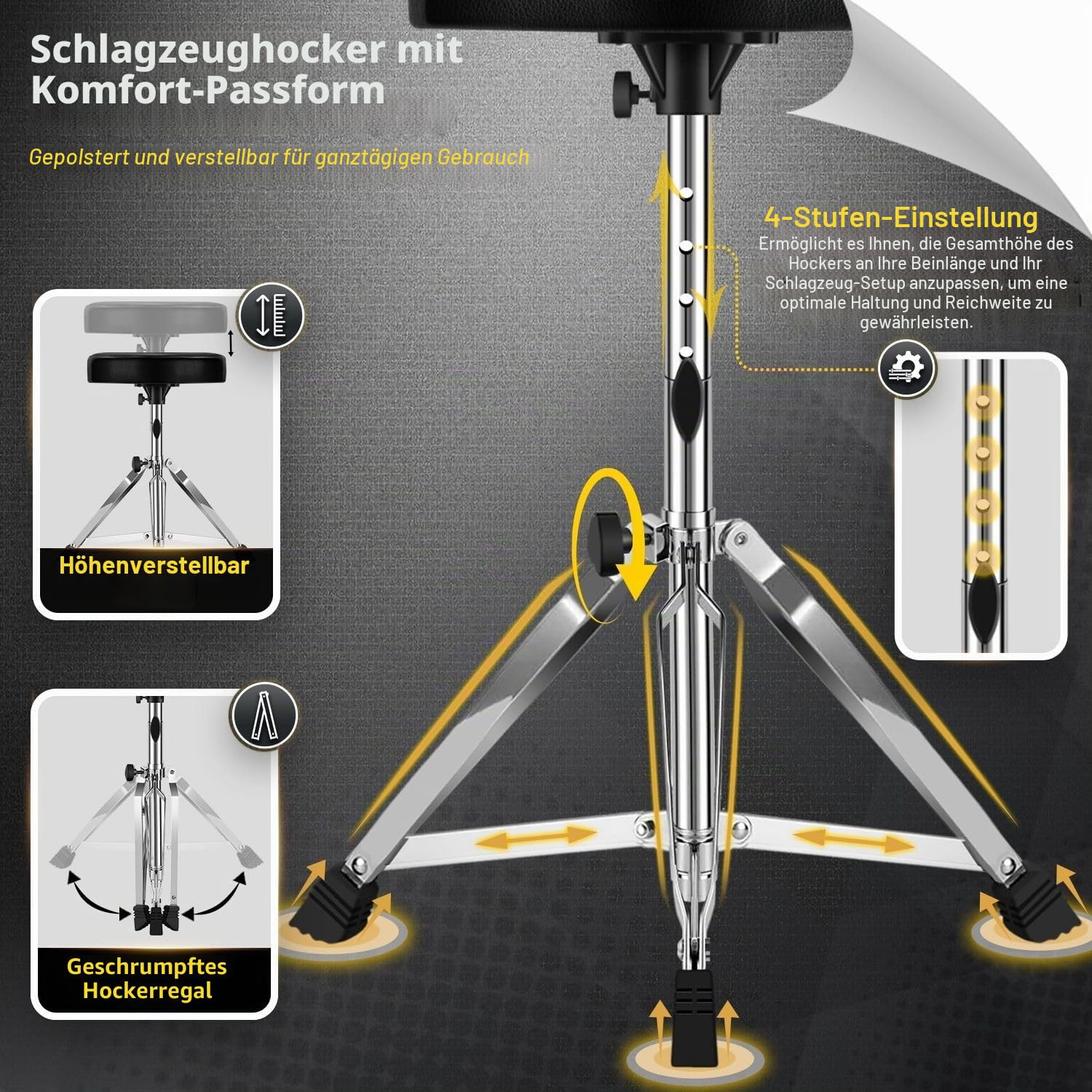 Flexzion-Trommelthron - Trommelhocker gepolsterter runder Sitz höhenverstellbar mit stabilem Stativfuß, rutschfesten Gummifüßen klappbar für Schlagzeuger, Perkussions-, Keyboard- und Klavierspieler