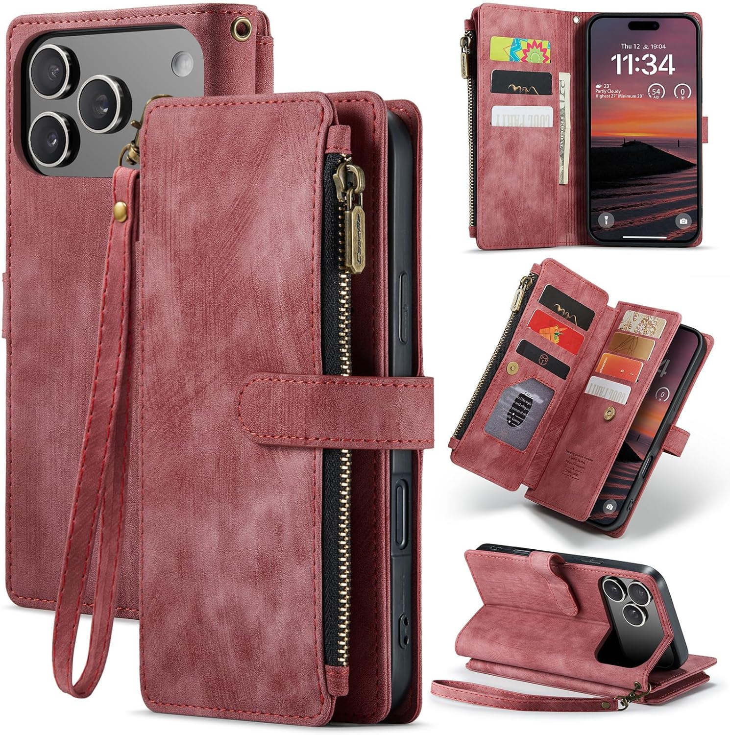 Wallet Case for iPhone 17, with Zipper Pocket & Wrist Strap, PU Leather Flip Folio Cover with 10 Card Slots, Cash Holder, Shockproof Case, Brown