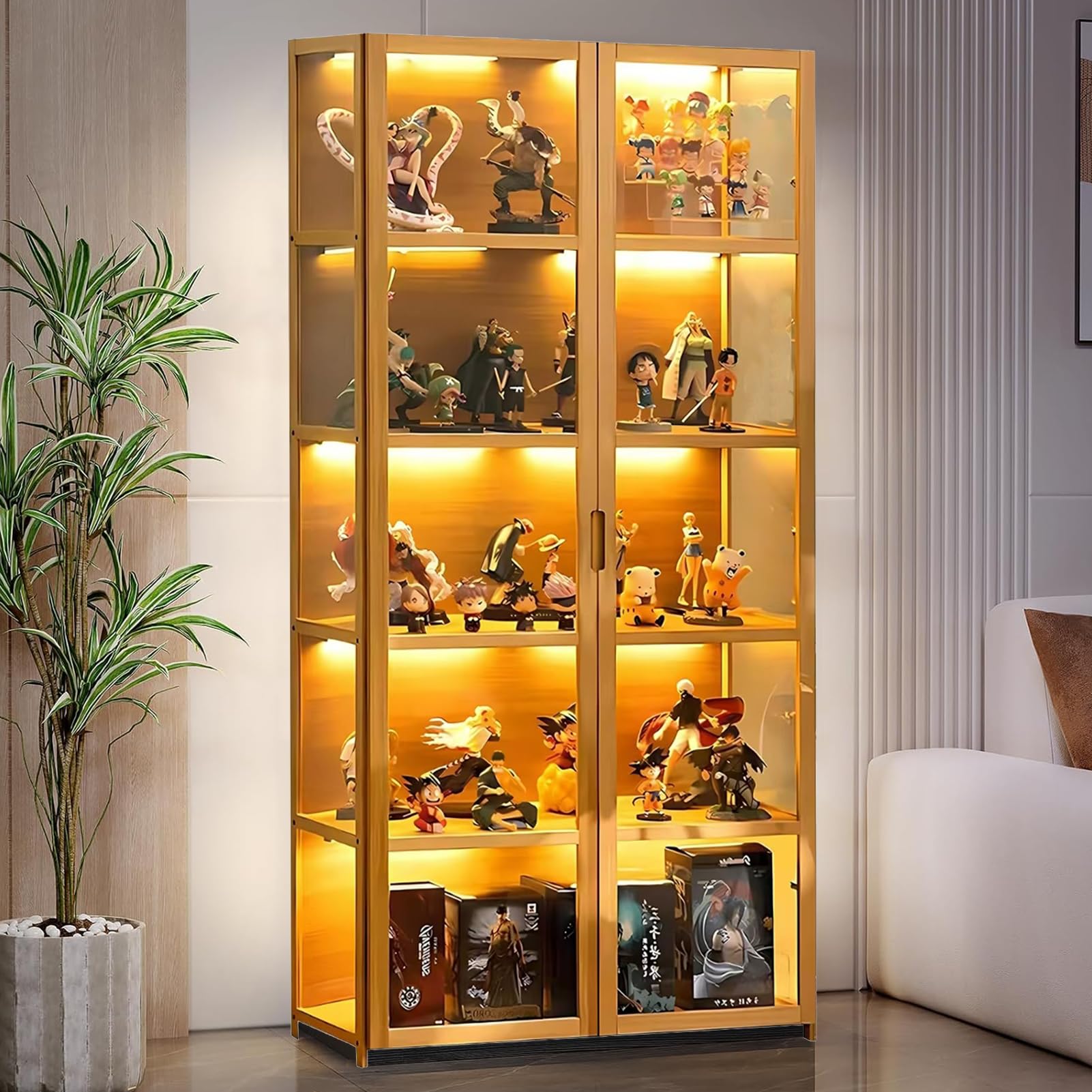 68" Display Cabinet with Acrylic Glass Doors, 5 Tier Bamboo Curio Cabinets & Display Case for Collectibles, Kids Bookcase for Home, Office, Playroom, Brown