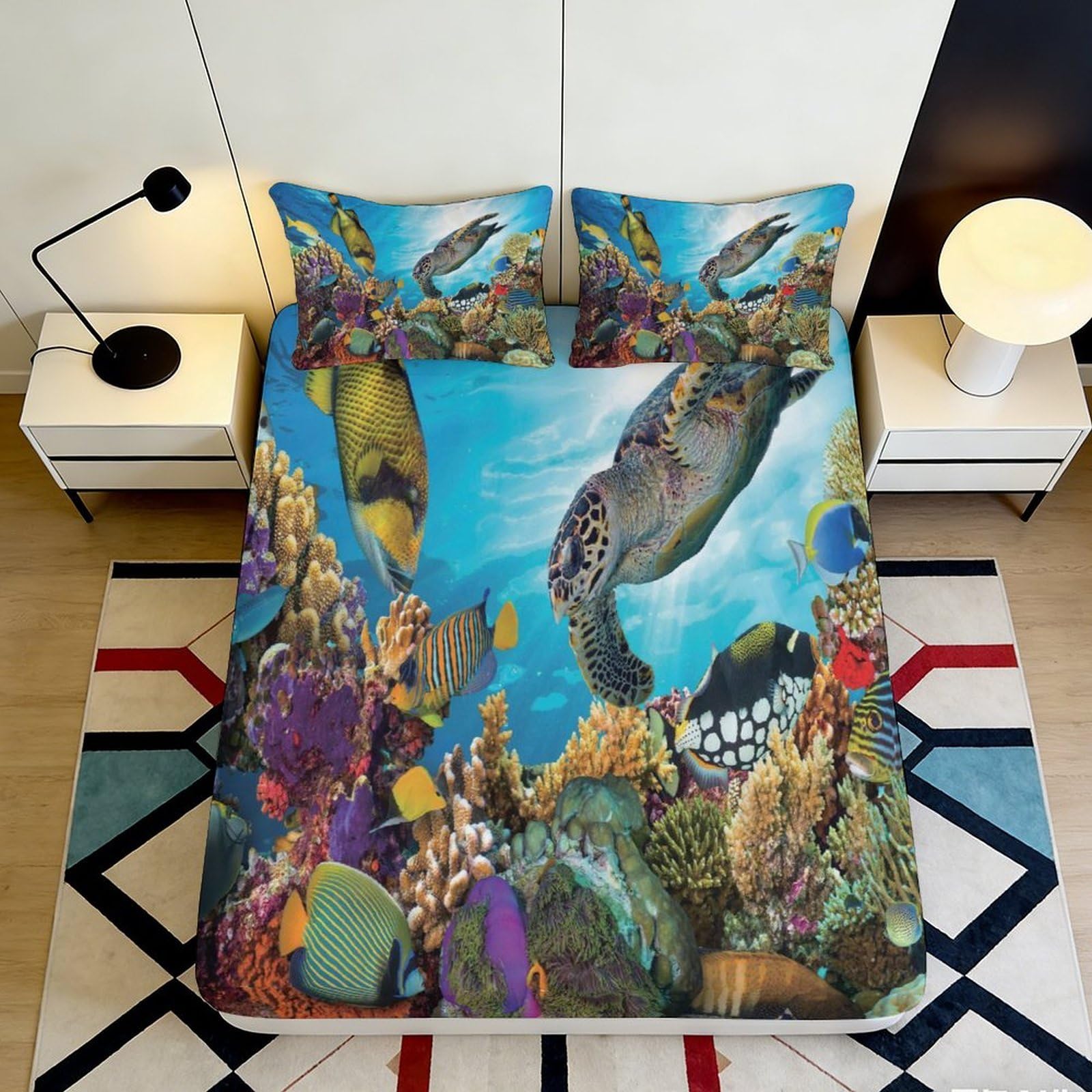 Uxinyoume Style-7 3D Printed Ocean Reef Fitted Sheet Microfiber Colourful Fish Mattress Cover For Bedroom Guest Room Decor Easy Care 90X200x25cm
