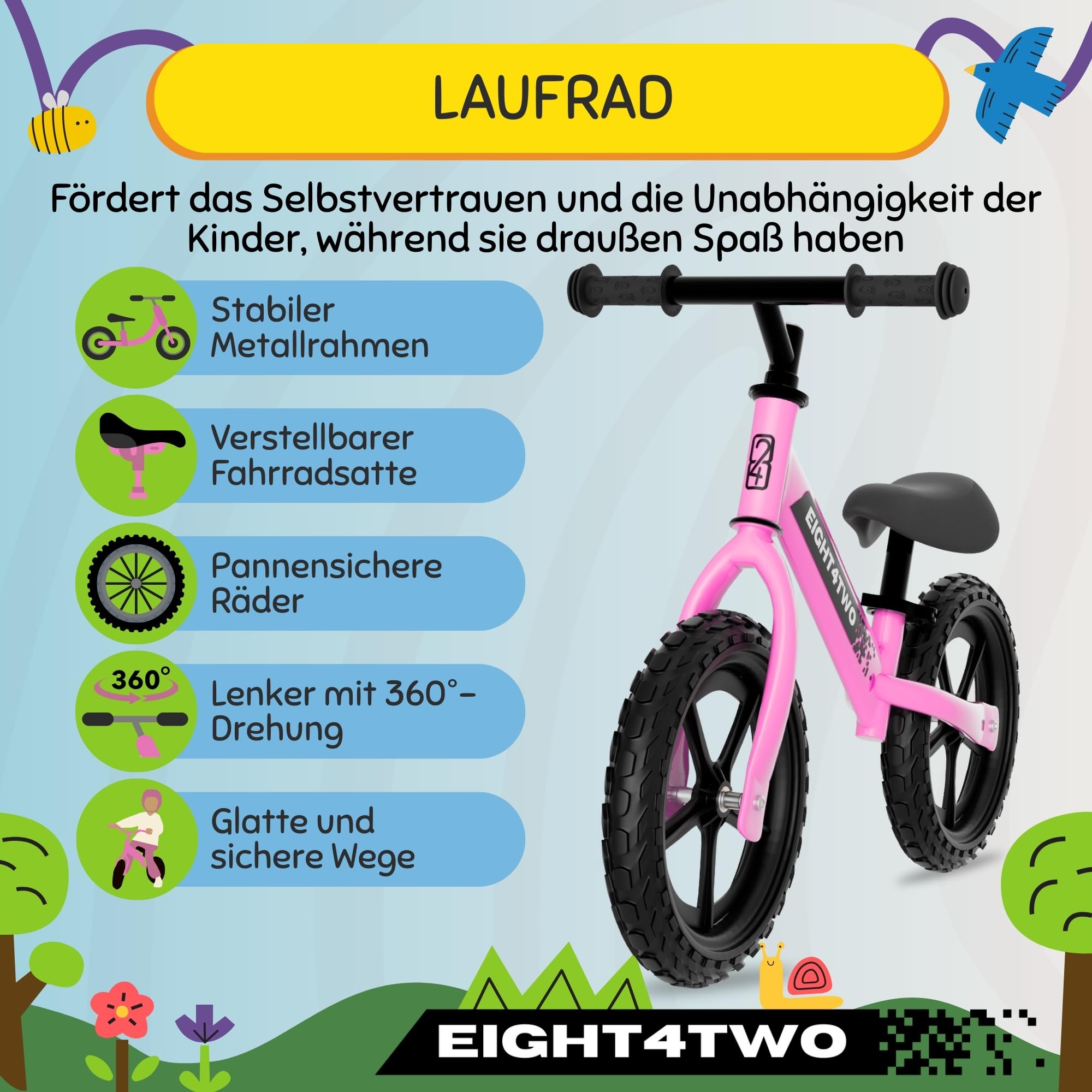 EIGHT4TWO Fahrrad ohne Pedale für Kinder von 2, 3, 4 und 5 Jahren, Fahrrad ohne Pedale, ideal zum Gleichgewicht, Spielzeug für Kinder von 2, 3, 4 und 5 Jahren.