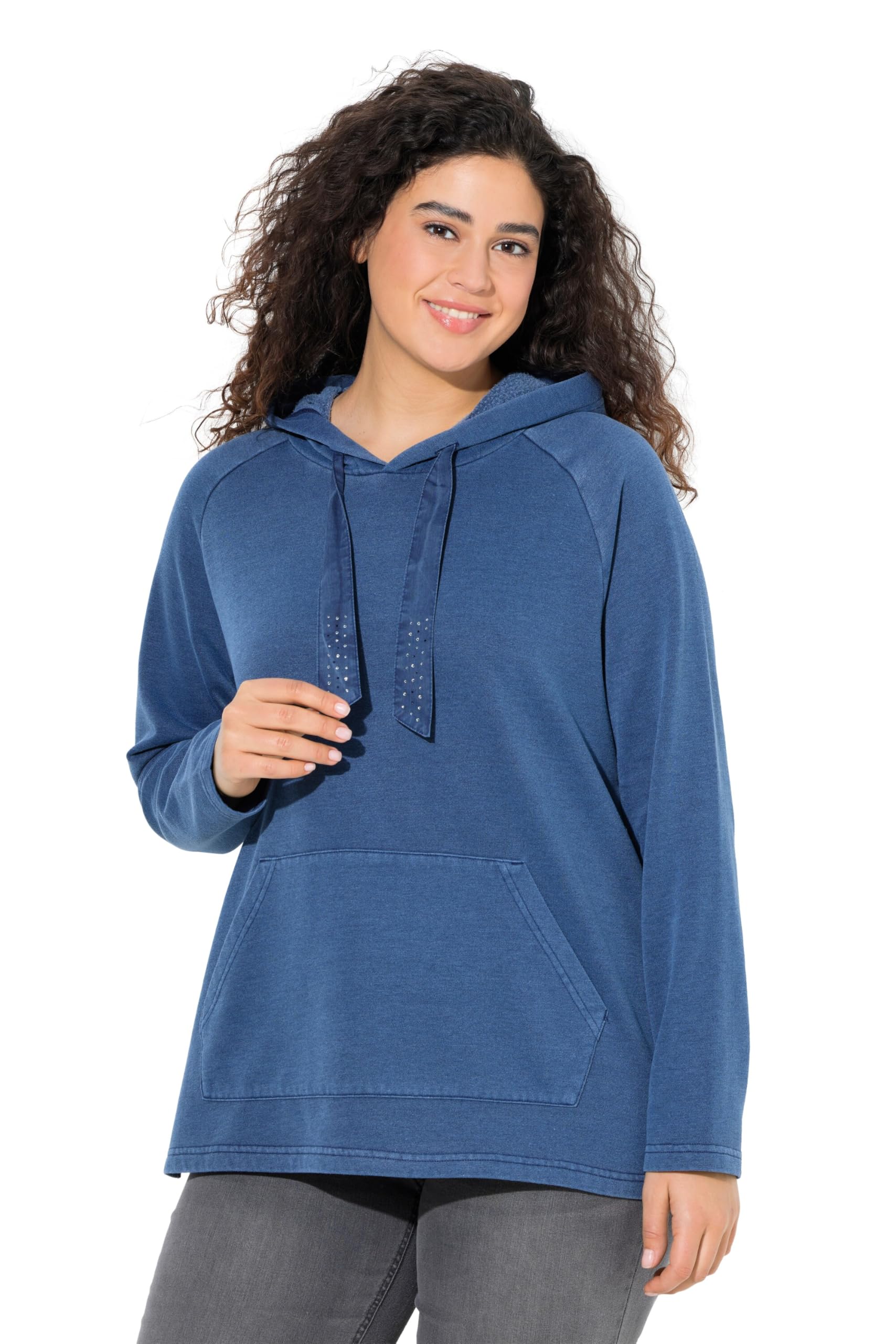 Ulla Popken Damen große Größen Übergrößen Plus Size Hoodie, Vintage-Look, verzierte Kordel, Langarm 842072