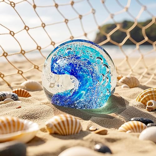 Miniatura 4 de Esferas decorativas de vidrio soplado a mano diseño único de ondas oceánicas, elegantes pisapapeles para escritorio de oficina, decoración de
