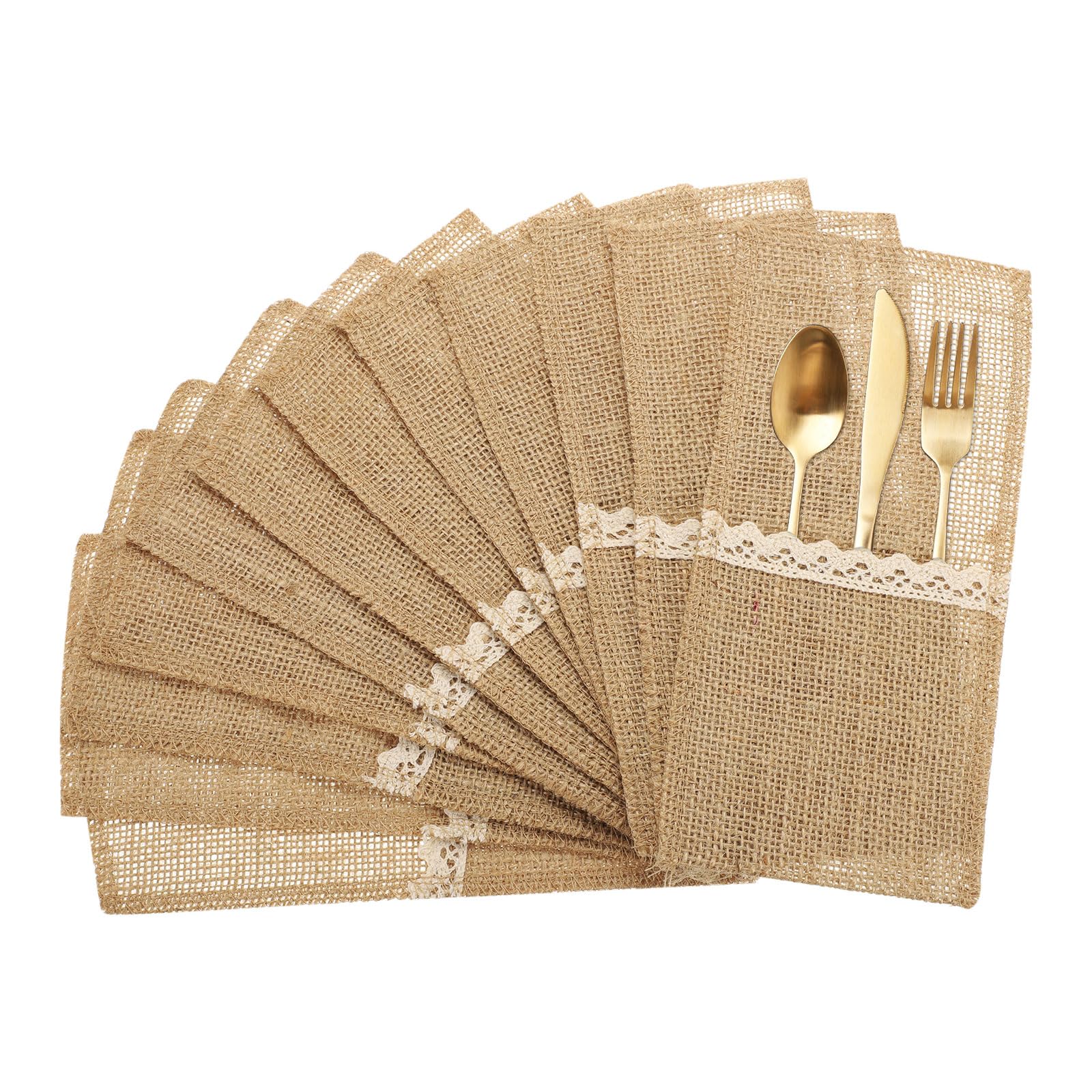 QUARKZMAN 24 Stück Burlap-Spitzen-Besteckhalter, 4" x 8" Bestecktasche Silberwarenhalter Natürliche Jute-Tasche Burlap-Serviettentasche mit Schleife für Party-Hochzeitsdekoration