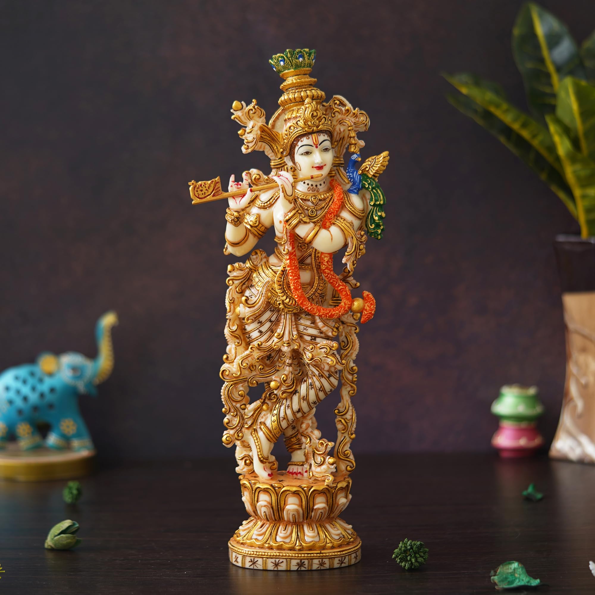 Shyam Antique Creation Marble Lord Shri Krishna Playing Flute Standing Kanha Idol For Home Office Hotels Entrance Puja Corporates Gifts Iskcon Krishna Statue 14" Big, Pack of 1, Religious