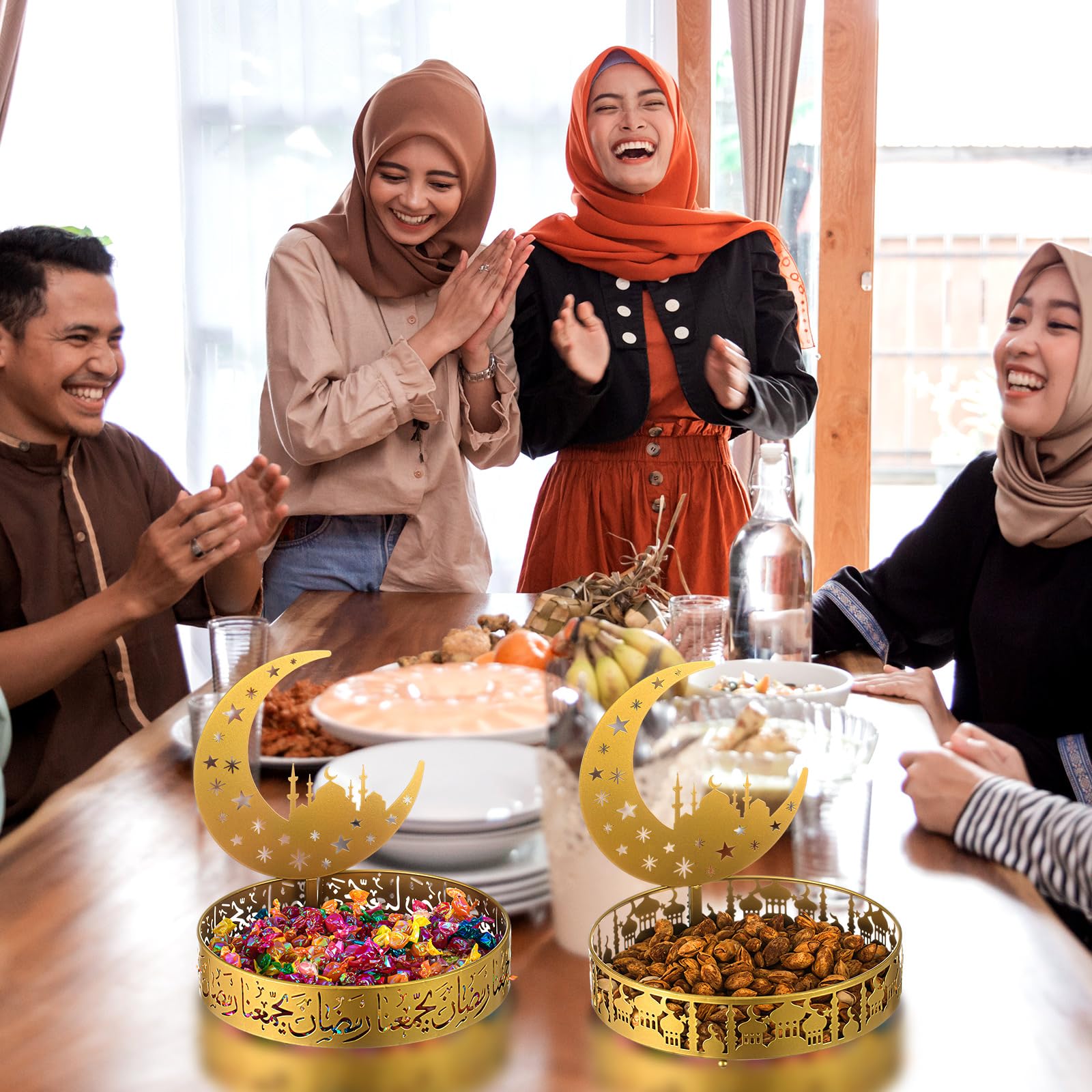 2 Stück Ramadan Tablett Metall Eid Mubarak Tablett Ramadan Serviertablett Runde Muslimische Desserttabletts aus Metall Lebensmittelaufbewahrungsbehälter für Muslimische Tischdekoration