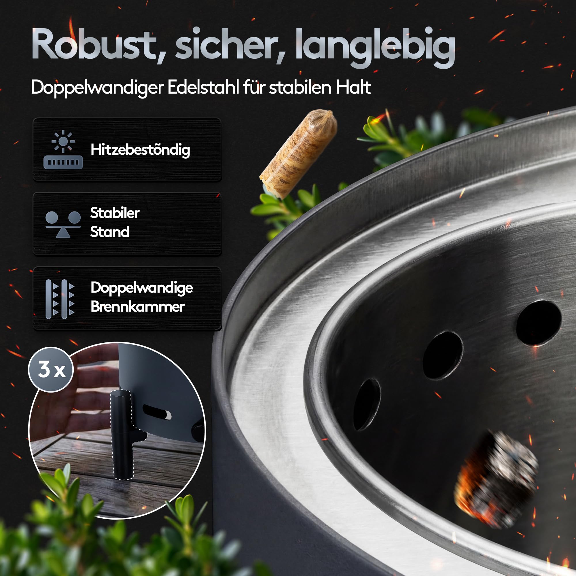 Raucharmes Tischfeuer, Tischkamin Outdoor für Pellets & Holz – Outdoor-Tischfeuer 360° Luftregulierung, Doppelwandiges Edelstahl & Tragetasche – Perfekt für Balkon, Terrasse & Camping