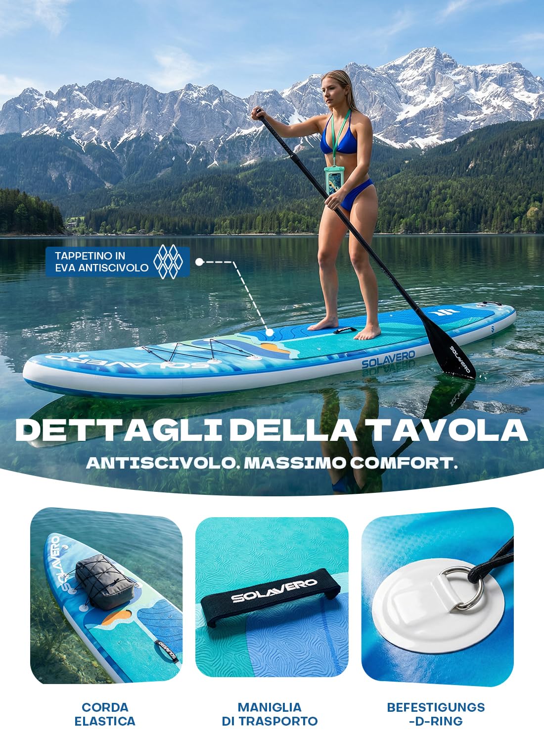 SOLAVERO Tavola da Sup Gonfiabile, 335 x 83 x 15 cm Tavola da Paddle con Antiscivolo EVA, Pagaia Regolabile, 3 Pinne, Surf Gonfiabile per Tutti i Livelli di Abilità, Fino a 200kg