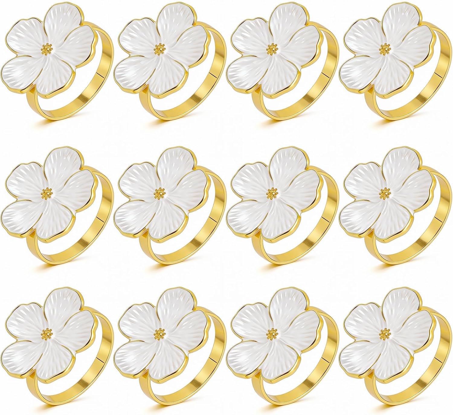 Napkin Rings Set of 20, White Frangipani Flower Napkin Holders with Gold Rings- Elegant Holiday Table Decor for Wedding, Christmas, Thanksgiving, Easter, Dinner Parties