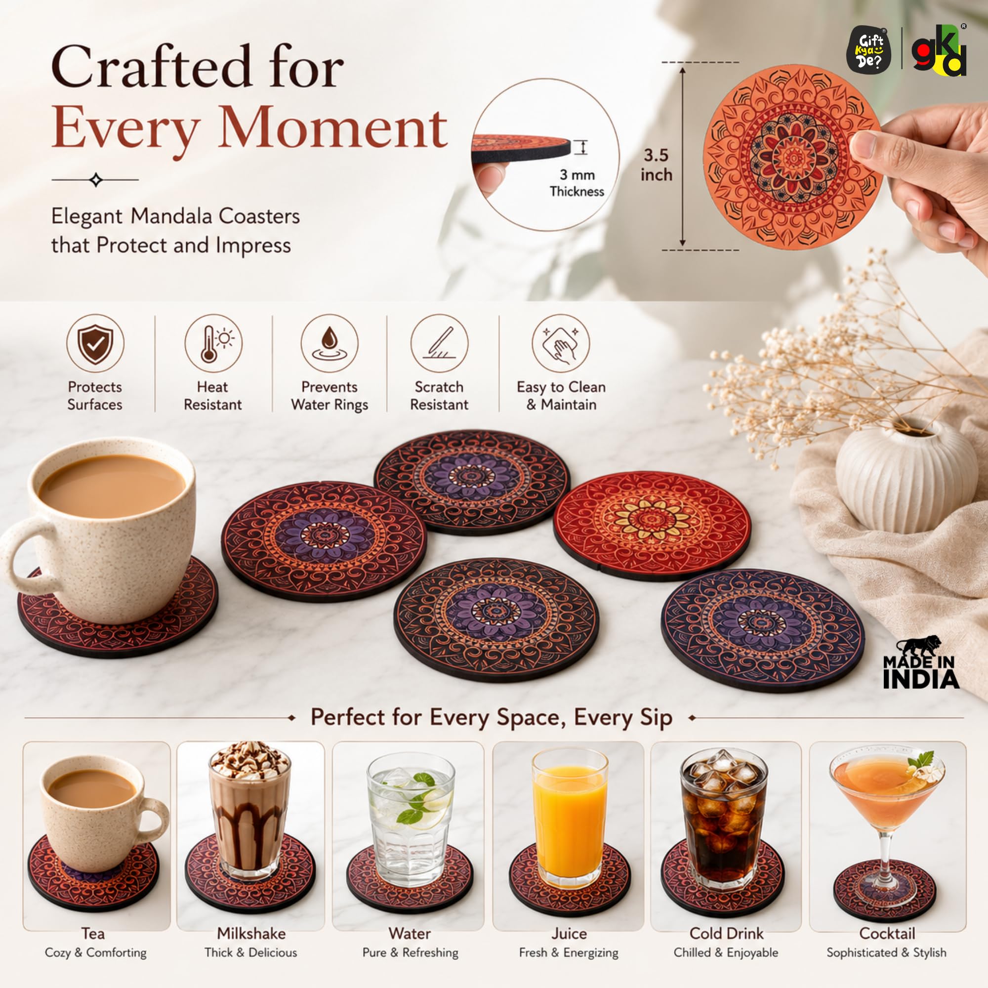 GKD Coaster Set of 6 Beautiful Wooden Coasters with Proper Coaster Stand Designer Coaster Set fit for Tea Cups, Coffee Mugs and Glasses (6 pc Round 3.5 x 3.5 inch) Multi Color 3
