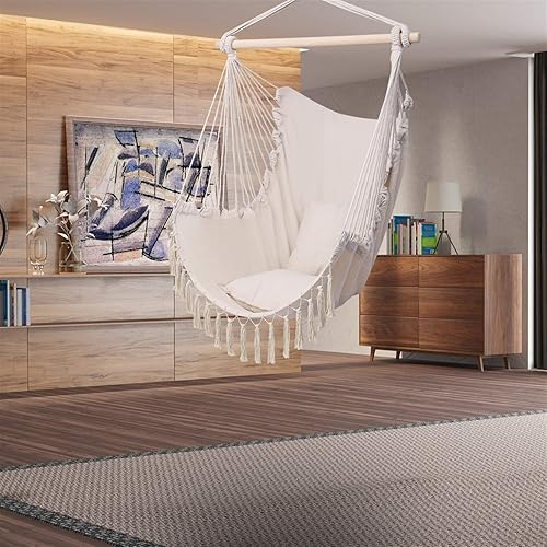 Miniatura 7 de Silla hamaca colgante con cuerda oscilante, almohada colgante con borlas, máximo 330 libras, 2 cojines incluidos, silla colgante grande de macramé
