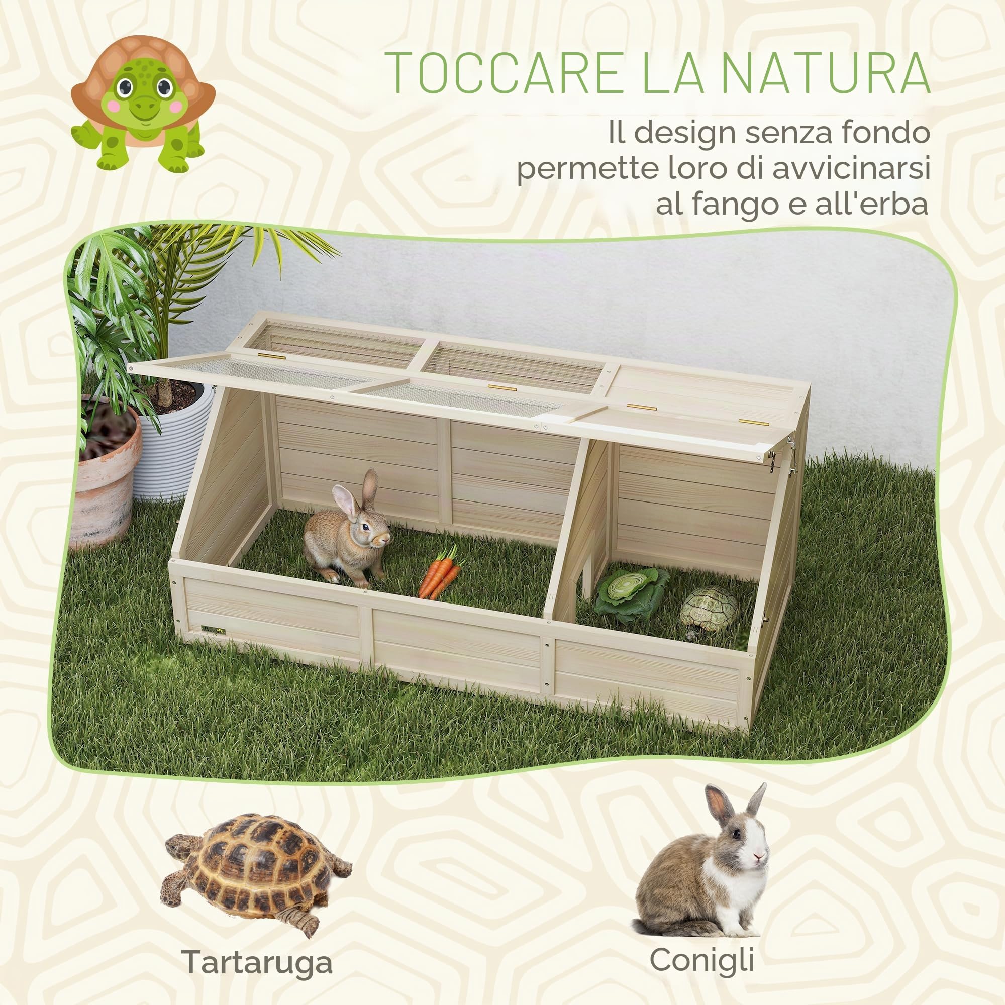 PawHut Casa in Legno per Tartarughe, recinto esterno per piccoli animali con coperchio apribile, fermi e 2 spazi separati, senza fondo, 120 x 55 x 50 cm, legno naturale