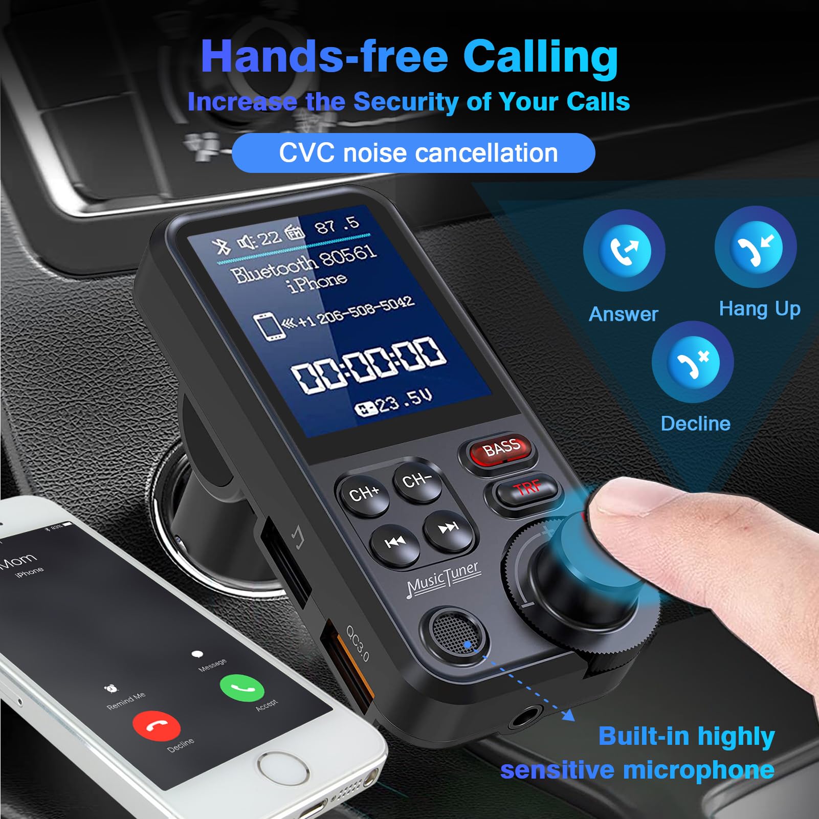 Bluetooth Auto FM Trasmettitore, Adattatore Musica Accendisigari per Autoradio, Supporto QC3.0 per Ricarica Rapida USB, Lettore MP3, Bassi Profondi, Display da 4.5CM