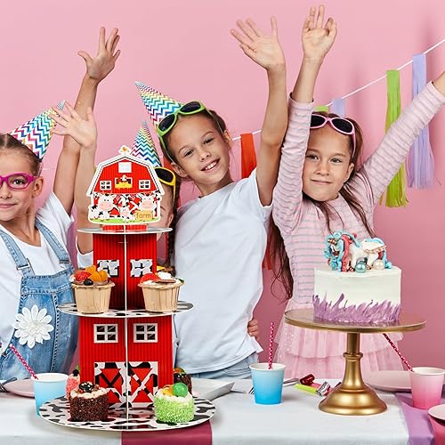 Miniatura 5 de Soporte para cupcakes de granja de 3 niveles con estampado de vaca, suministros de fiesta de cumpleaños de animales de granja, soporte de pastel de
