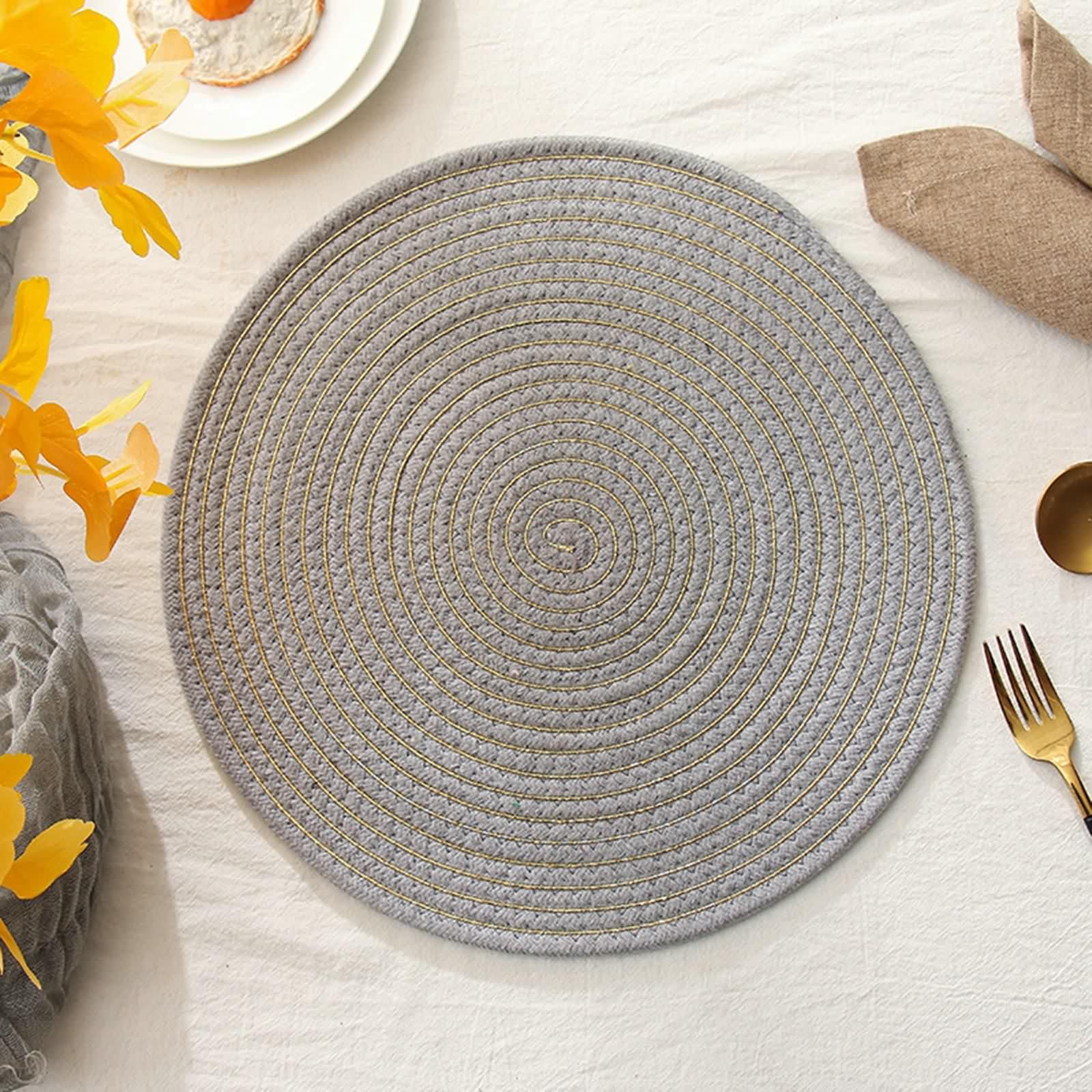 Tischsets Platzsets, Platzset Elegant 10er Set Silbergrau Gold Runden Baumwollleinen Platzdeckchen 30cm