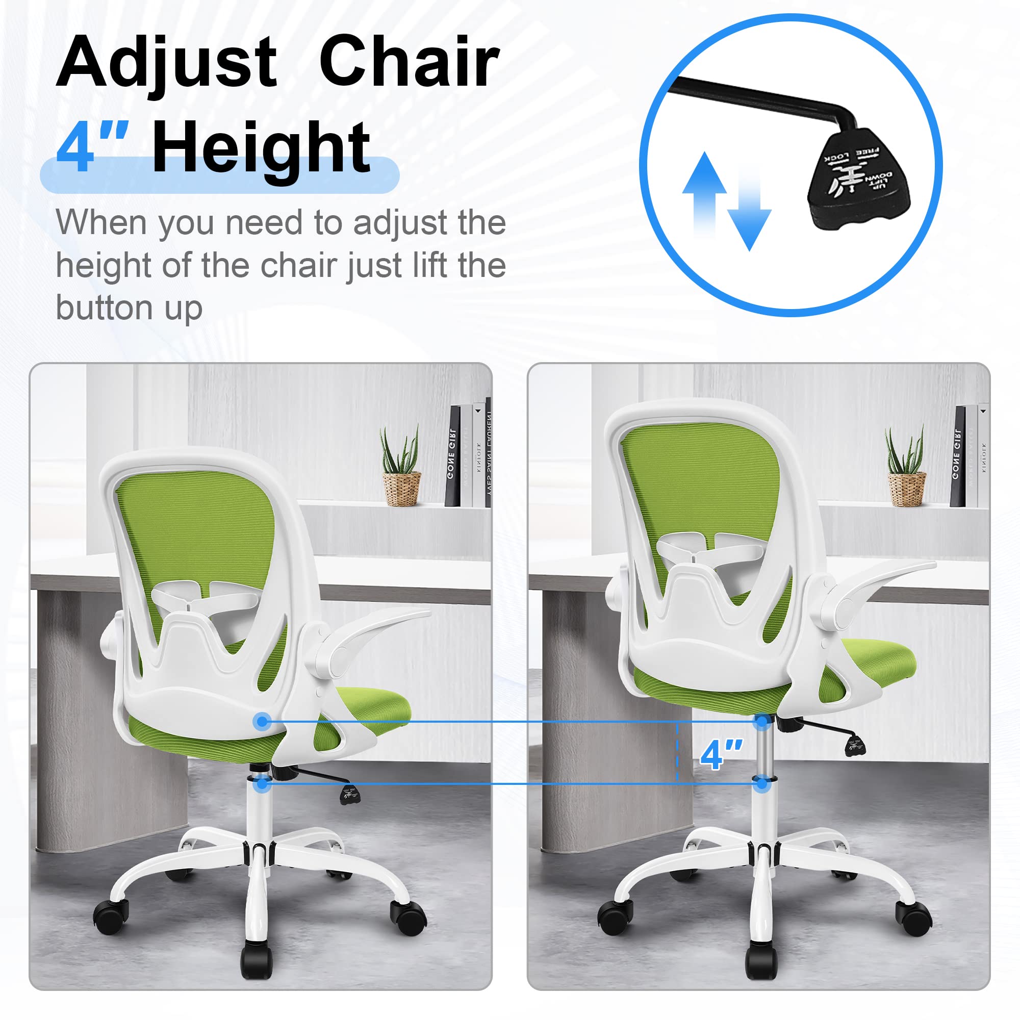 Primy Office Chair Ergonomic Desk Chair with Adjustable Lumbar Support and Height, Swivel Breathable Desk Mesh Computer Chair with Flip up Armrests for Conference Room(Green)