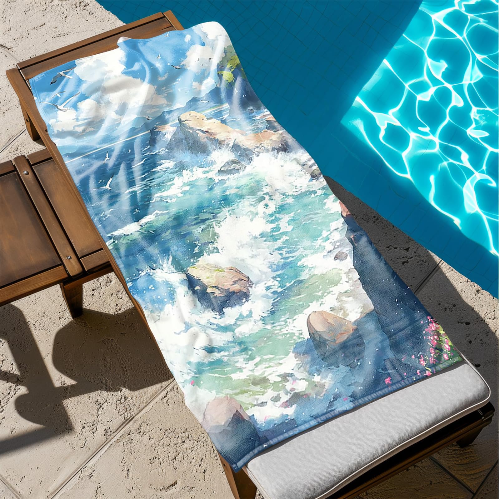 Tapis de Plage XXL Anti Sable Plage Seagull Bleu Serviette Piscine Adulte,Natte De Plage Pliable, Voyage Accessoires De Plage Camping,Serviette de Bain Personnalisée