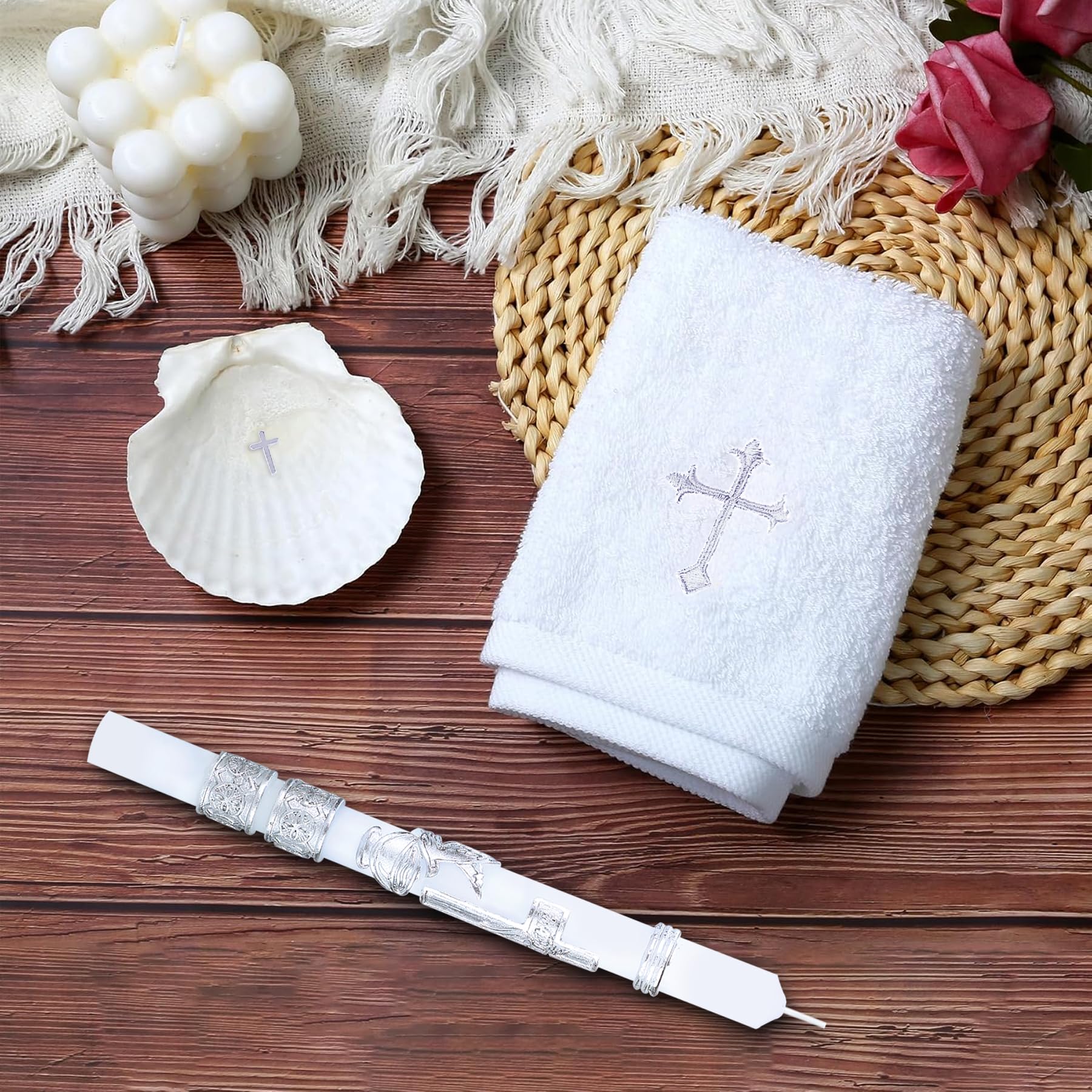 Baptism Candle Set for Boys and Girls - Baptism Kit Include Towel, Shell and Baptismal Candle, Velas para bautizo Christening Set Velas para bautizo de niño for Infants Kids