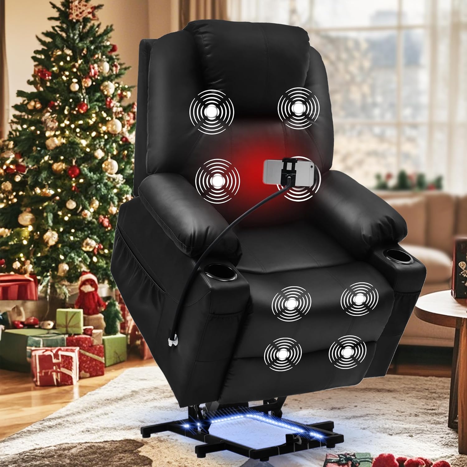 Black electric power lift recliner chair with illuminated massage points and a red heated area, set against a festive background.