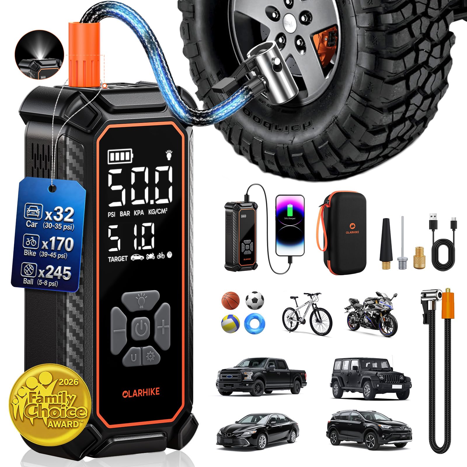 OlarHike Cordless Tire Inflator Portable Air Compressor, 3X Fast Inflation,12000mAh Battery, Air Pump for Car Tires, Pickups, SUVs, Electric Pump with Digital Pressure Gauge/Auto Shuttoff, Gift Ideas 1-gray 12000 (Ultra Capacity)