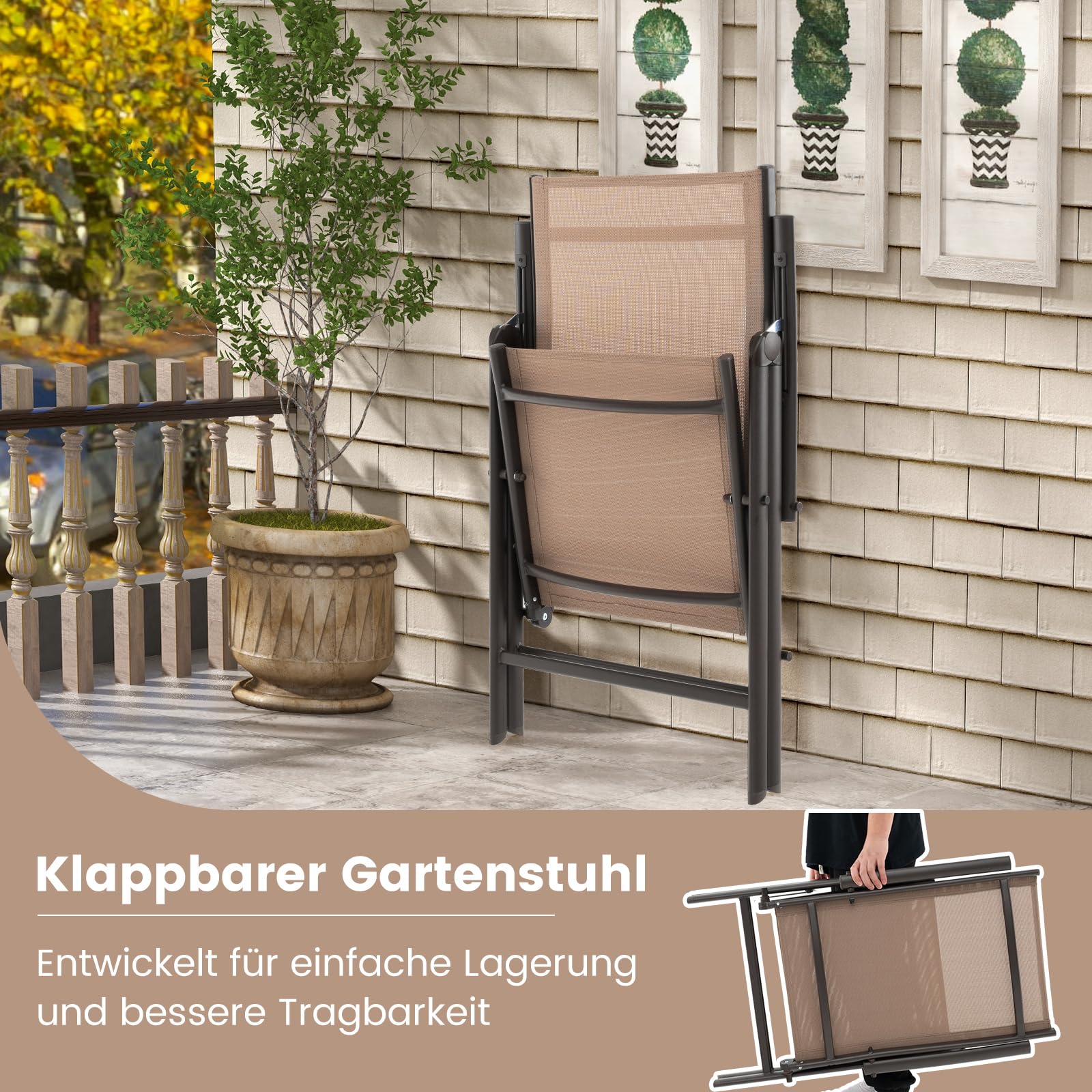 COSTWAY Set van 2 tuinstoelen, klapstoelen met hoge rugleuning, weerbestendige stof, balkonstoelen met armleuningen, terrasstoelen, belastbaar tot 150 kg, voor tuin, terras, balkon, grijs