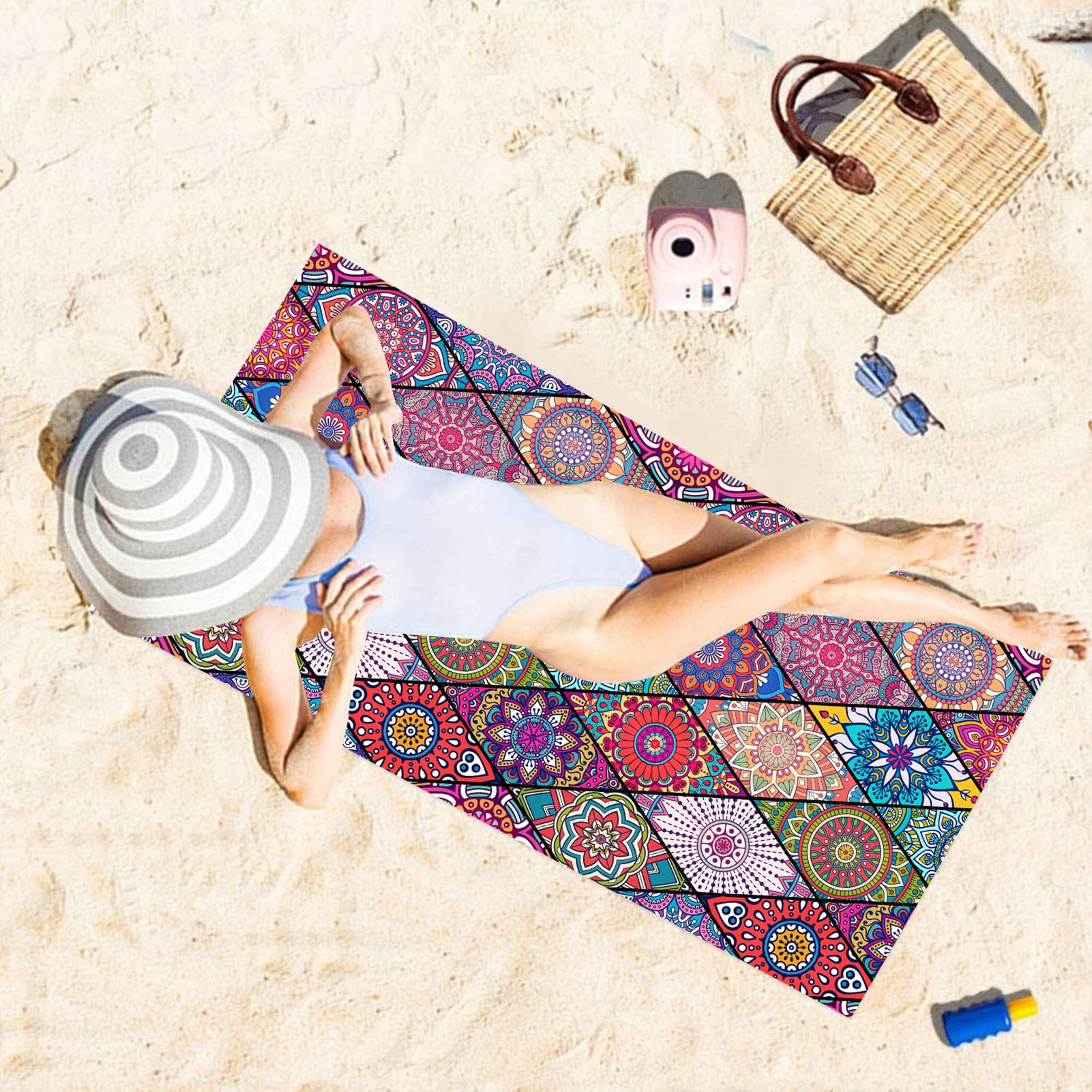 Winwild Nuovo asciugamano da spiaggia stampato su entrambi i lati 90x180 cm, asciugamani in microfibra con borsa | senza sabbia e ultraleggero | asciugamano da bagno XXL