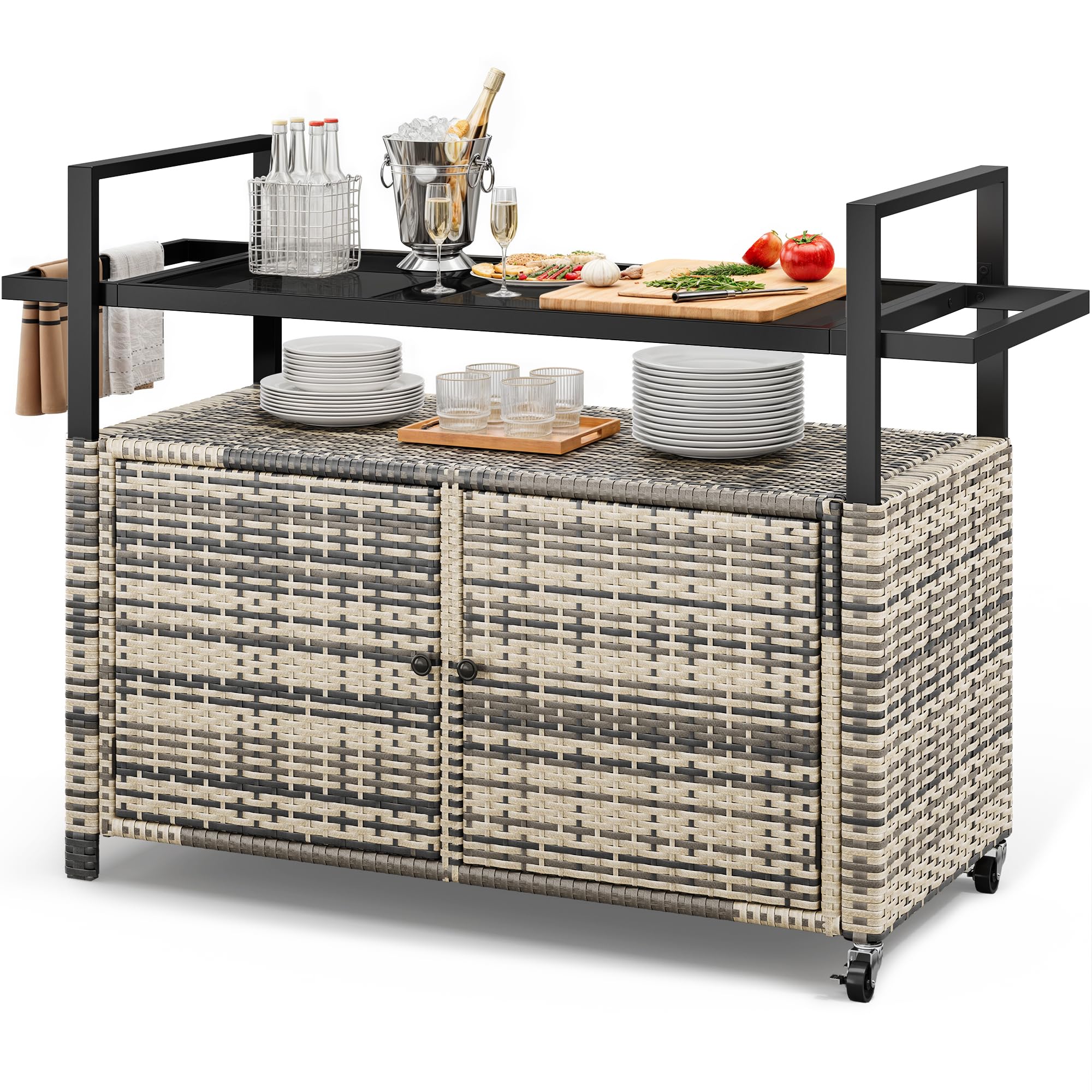 YITAHOME XL Outdoor Storage Cabinet, Outdoor Storage Cart with Wheels and Black Glass Table Top for Patio, Outdoor Cabinet for Poolside and Backyard (