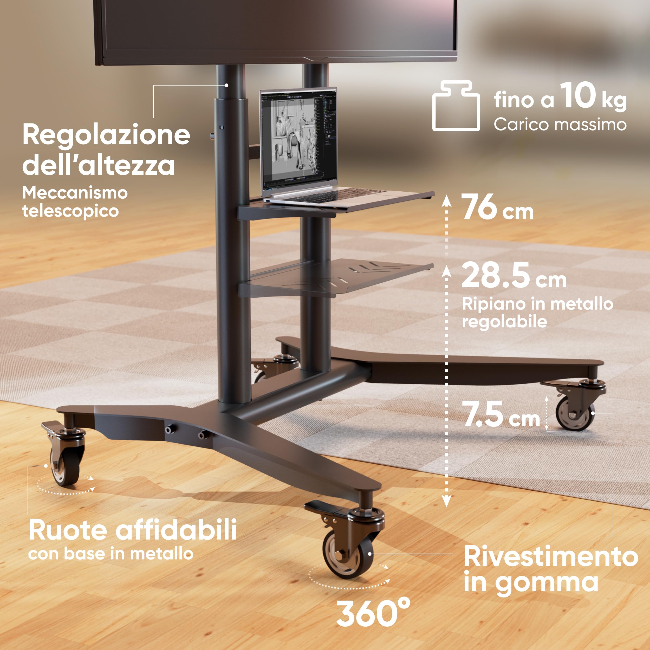 ONKRON Supporto TV con Ruote 55"-90", 75 kg, max VESA 800x600, TS1871-B | Carrello per televisore nero, altezza 1085-1590 mm, ripiano AV, mensola per webcamera, struttura in acciaio; per fiere e sale