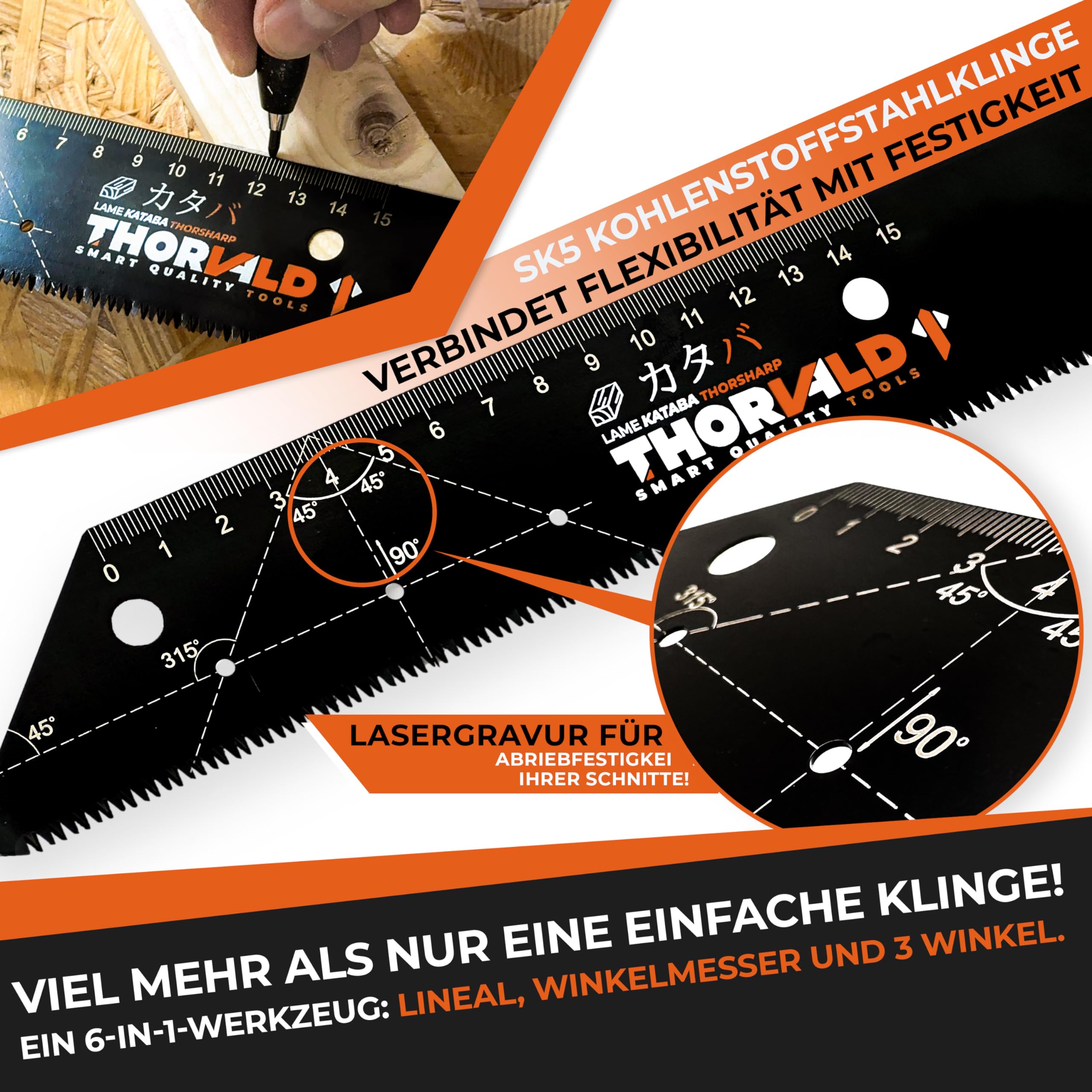 THORVALD Japansäge klappbar 240mm - Inkl. Tieflochmarker - Hochpräzise Profi Handsäge Holz & PVC - Vielseitige Holzsäge Feinsäge Zugsäge Klappsäge Outdoor