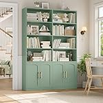 FACBOTALL Bookshelf and Bookcase with Doors, 6 Tier Double Wide Large Bookshelves, Open Display Shelves, 73'' Tall Bookshelf with Storage Cabinets for Home Office, Living Room, Library, Green