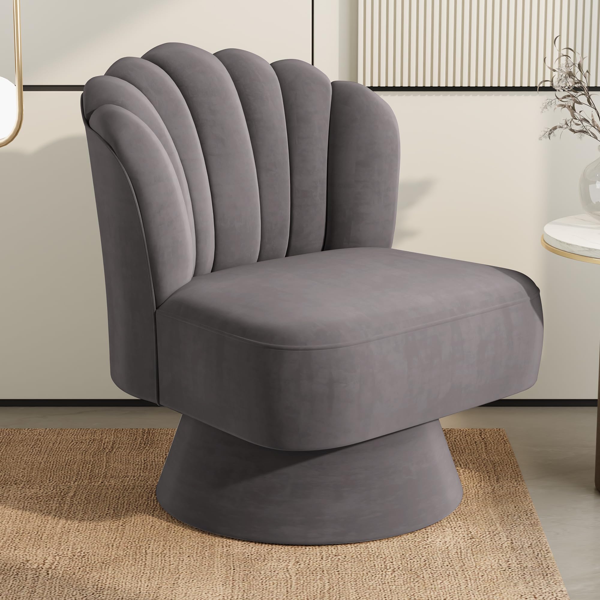 Modern 360 Degree Swivel Velvet Barrel Accent Chair, Comfy Side Corner Shell Sofa Chair for Small Spaces, Tufted Upholstered Armless Chair for Living Room, Bedroom, Office, Vanity (Grey)