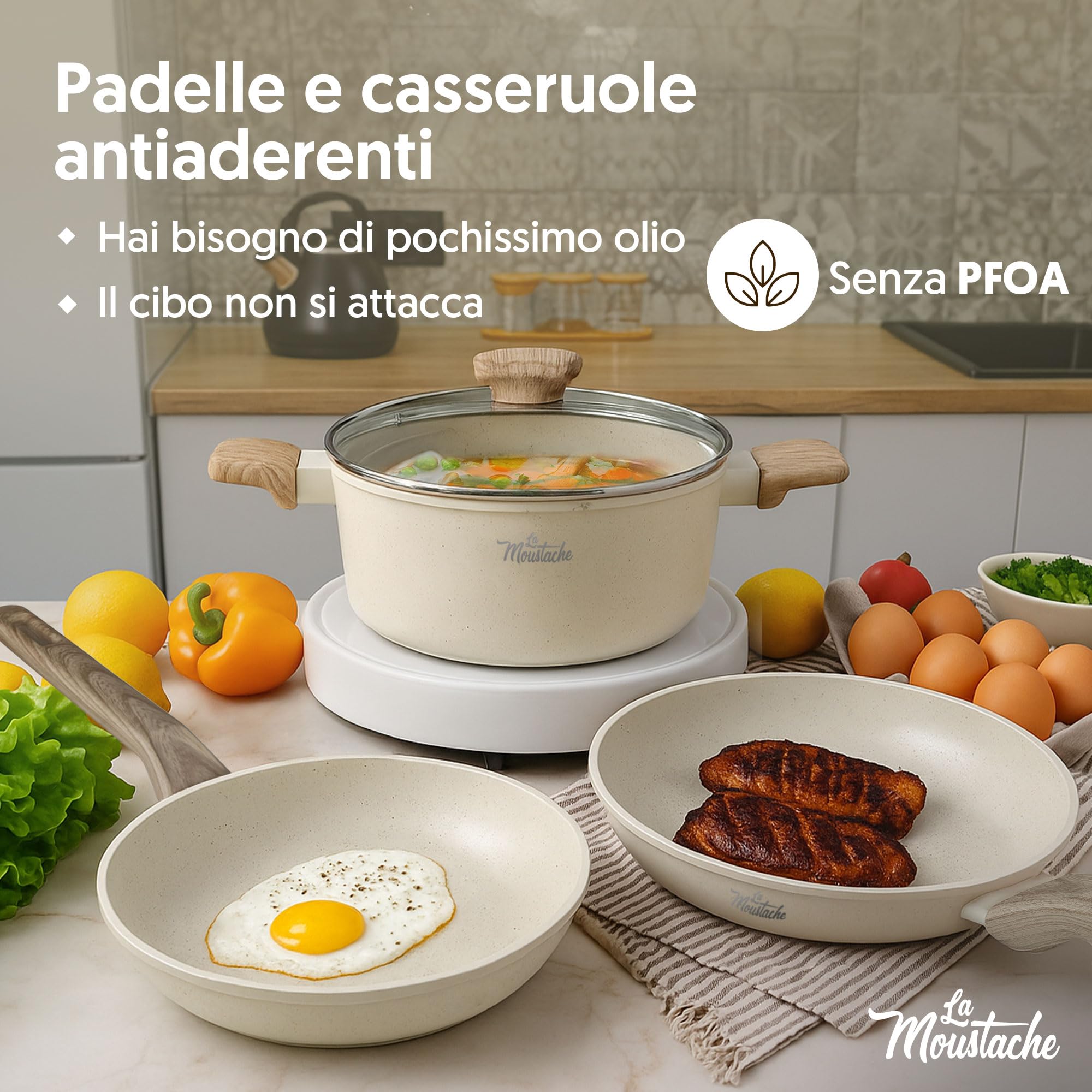 La Moustache - Set di Pentole e Padelle Antiaderenti 14 Pezzi (Latte) | 2 Padelle, 3 Pentole, 3 Coperchi con Sfiato, 3 Utensili e 3 Salvapadelle, Induzione, Gas, Lavaggio a Mano, senza PFOA e PFAS