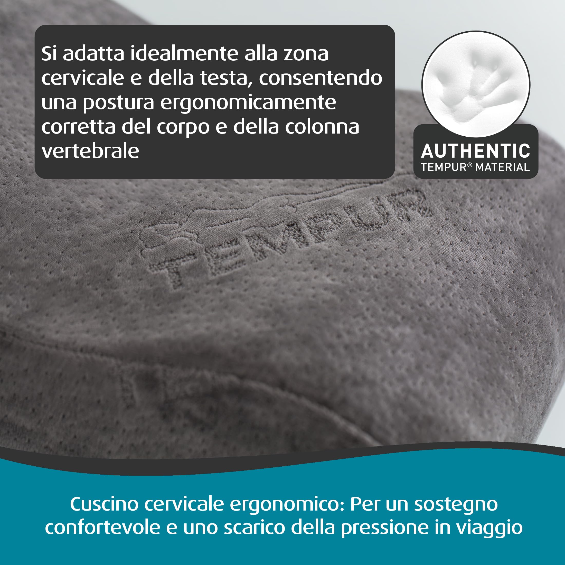 TEMPUR cuscino adattabile per viaggiare, cuscino da viaggio ergonomico per il collo con custodia per il trasporto, antracite, dimensioni 25 x 31 x 10/7 cm