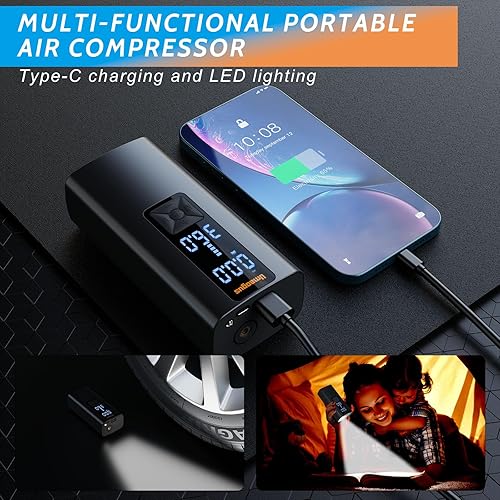 Miniatura 3 de Compresor de aire portátil para inflador de neumáticos, recargable de 12 V150 PSI, bomba de aire de bolsillo automatizada inteligente con luz LED y