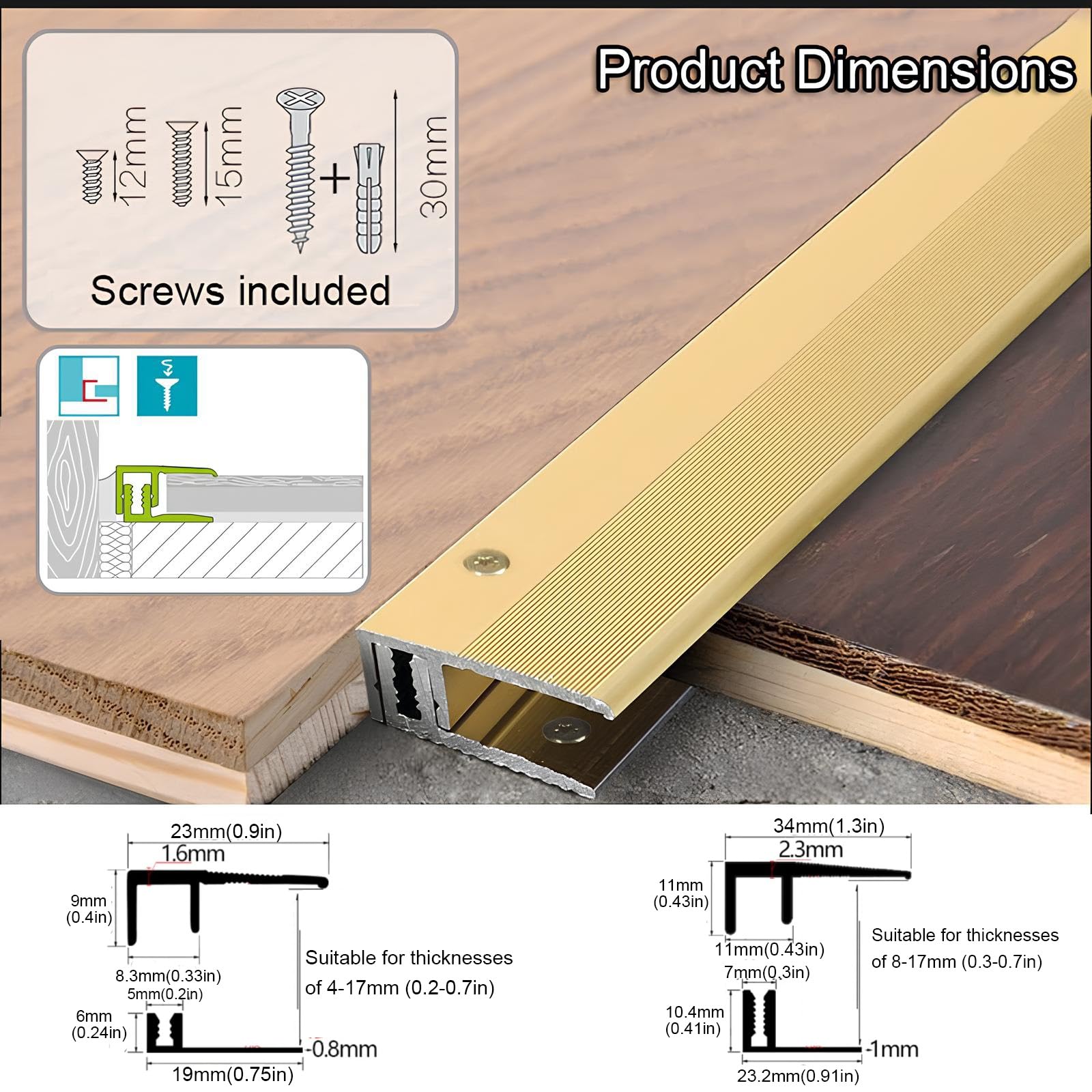 Profilo Terminale Per Pavimento In Alluminio Per Laminato E Piastrelle | Profilo di Bordatura, Lunghezza 80-150CM, Altezza: 4–17mm, Forato a Incasso(Gold thickness 4-17mm,140cm)