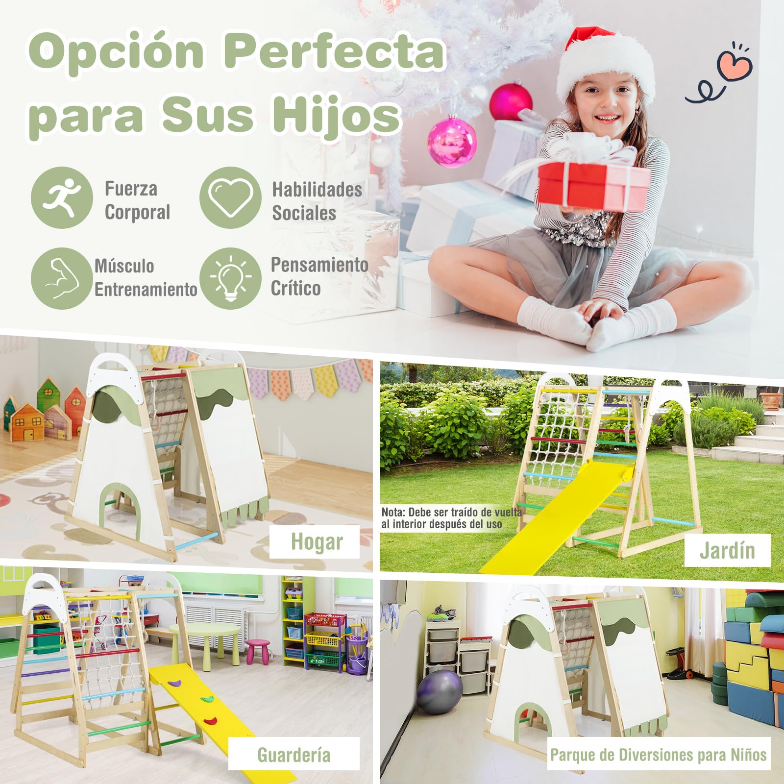 COSTWAY 6 en 1 Triángulo de Escalada Infantil, Parque Infantil Interior para Niños, Conjunto de Juguetes de Escalada de Madera con Tobogán, Gimnasio de Interior para Niños de 1+ Año (Multicolor)