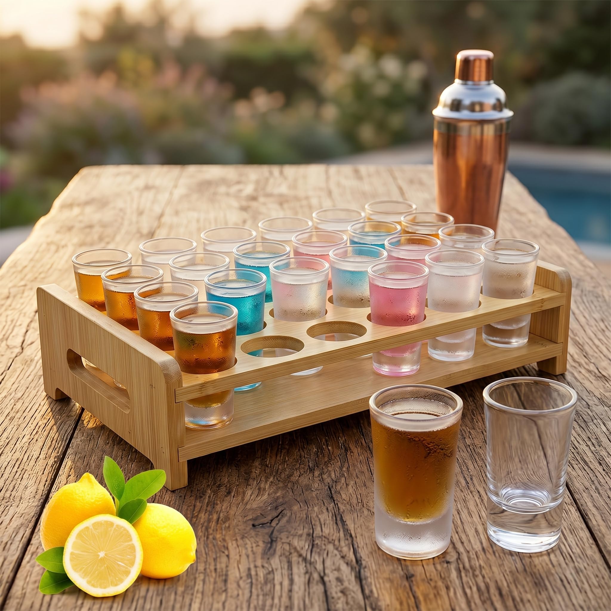 Lot de 24 verres à liqueur avec support en bois pour 24 verres à shot (15-20 ml, planche à liqueur pour bar, fête, club, whisky, brandy, plateau de service, bambou)