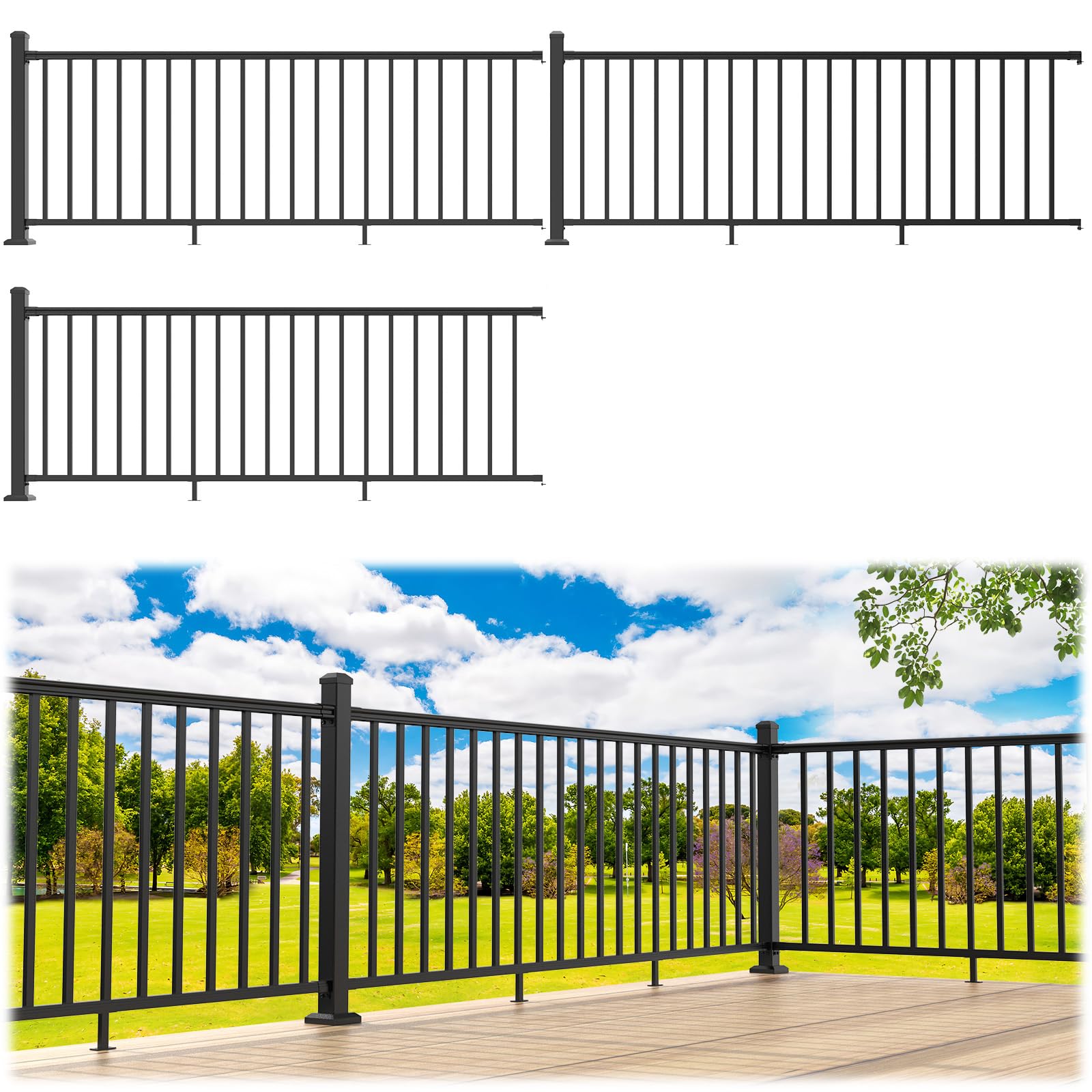 Photo 1 of Egadis 36 in. H x 24 ft. W Porch and Deck Railing Kit, Aluminum Railing Kit, Black Textured AAMA 2604 Powder-Coat Finish Modular Rail System for Outdoor Decks, Porches & Balconies (3 Post, 3 Panel)