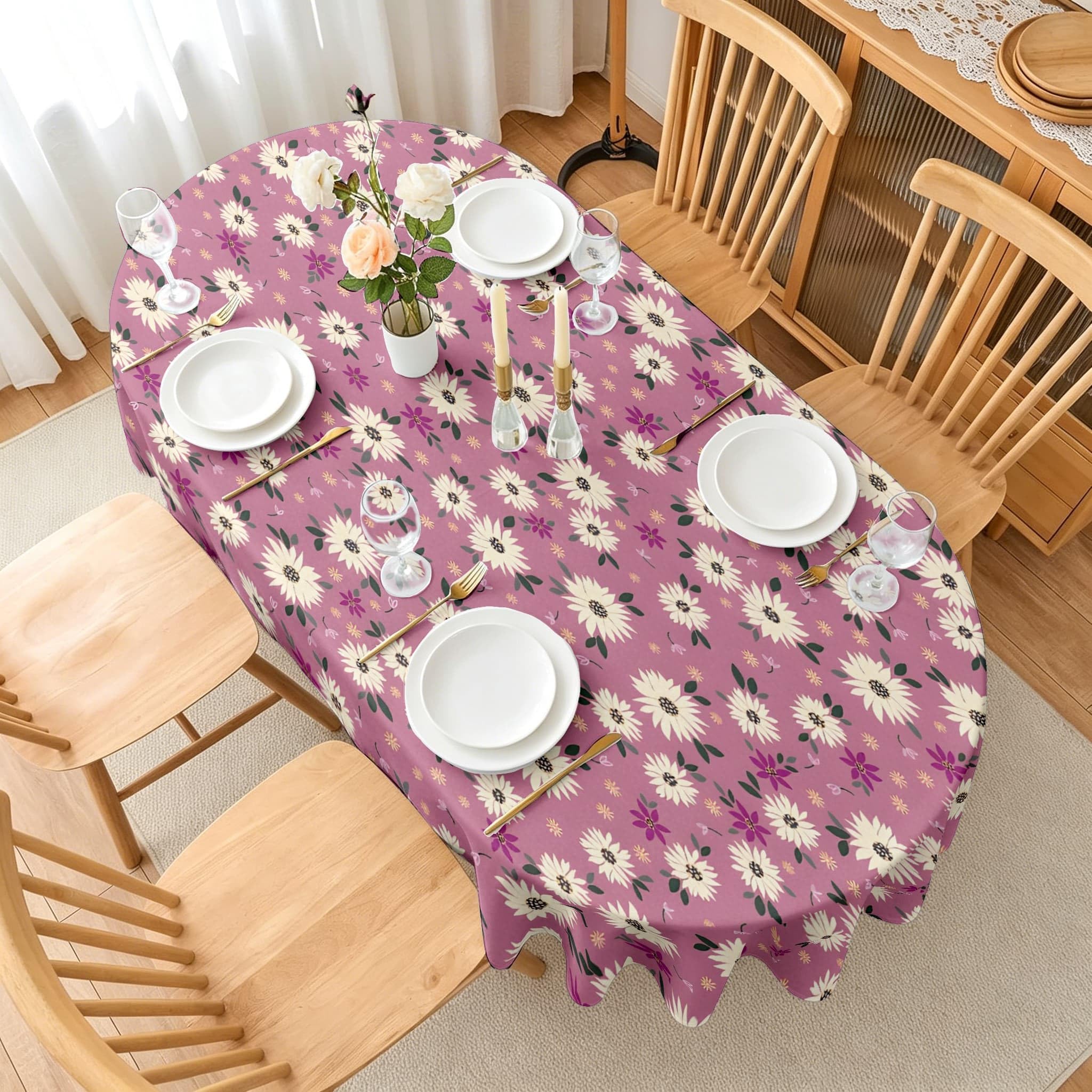 Weißes Gänseblümchen Ovale Tischdecke Abwaschbar 160x220 cm
