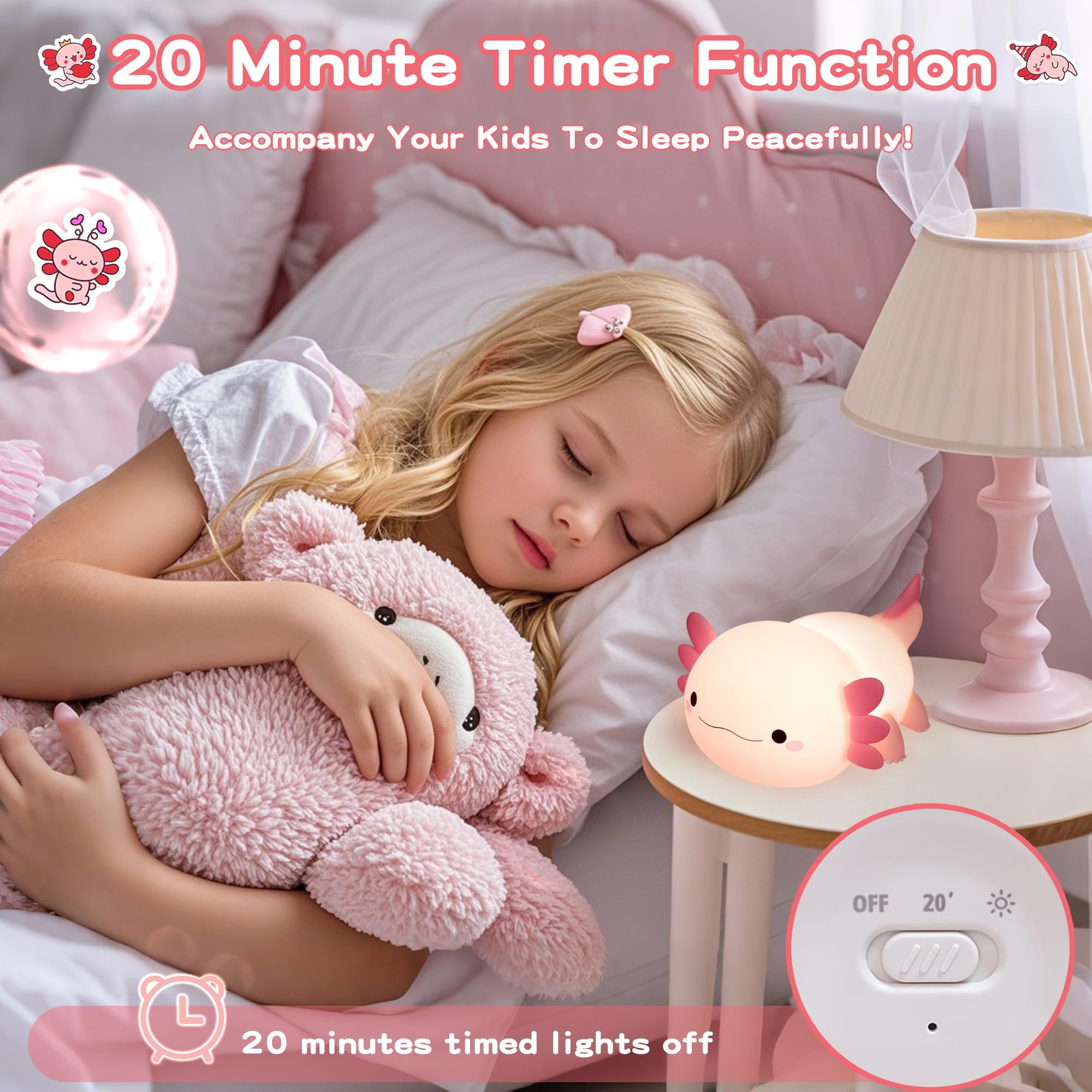 FAMIDUO Luce Notturna Neonato Axolotl Rosa, Silicone Lampada per Bambini Notturna Dimmerabile, Controllo Touch, LED Ricaricabile USB Luce Notturna Bambini, Regalo per bambina