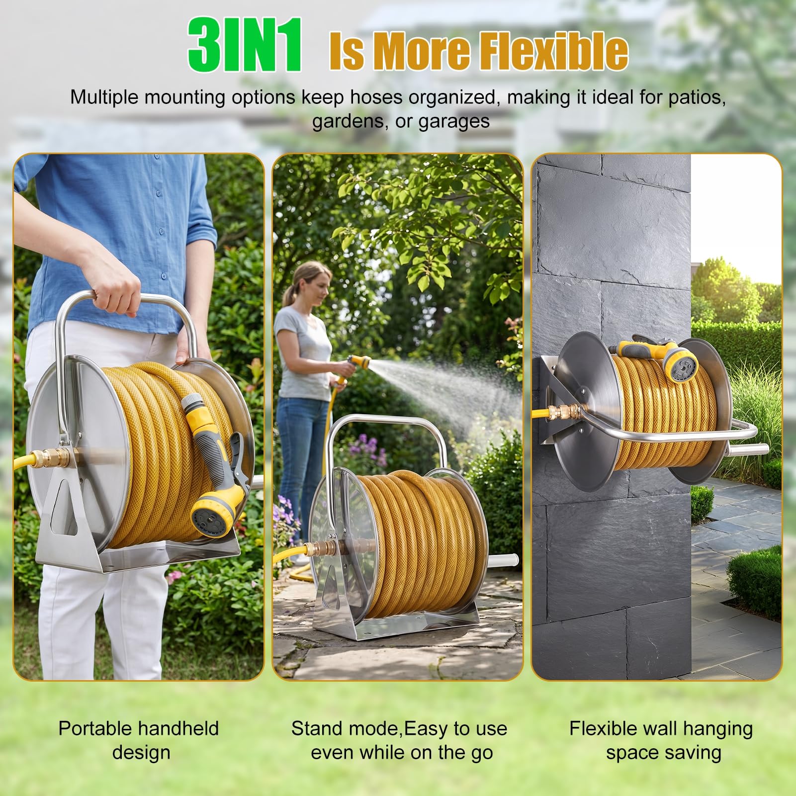 Edelstahl Gartenschlauchaufroller, Wand-/Standmontage mit Kurbel, rostfrei, für 5/8" x 23 m (75 ft) oder 1/2" x 40 m (130 ft) Schlauch, inkl. 2 m (6,5 ft) Anschlussschlauch Gelb
