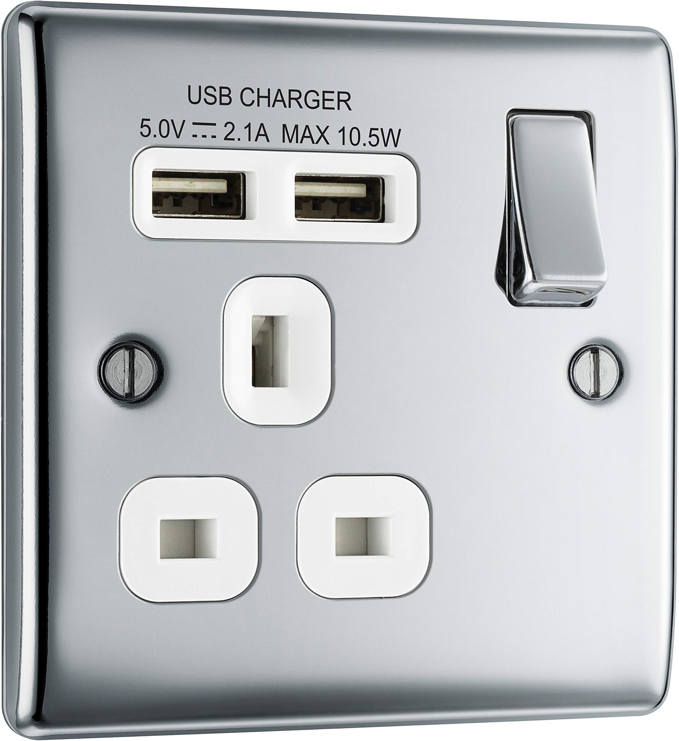 BG Electrical npc21u2w Single Switched Fast Charging Power Socket with USB Charging Ports, 13 A, Polished Chrome, 4.0 cm*3.0 cm*4.0 cm
