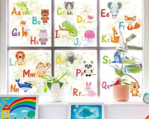 Whaline 9 hojas de letras del alfabeto para ventana, diseño de animales de dibujos animados, ABC, calcomanías de doble cara con letras coloridas