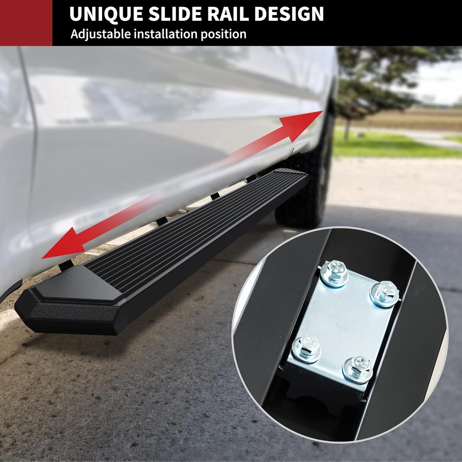 Close-up of the unique slide rail design on the running board, showing how the installation position can be adjusted.