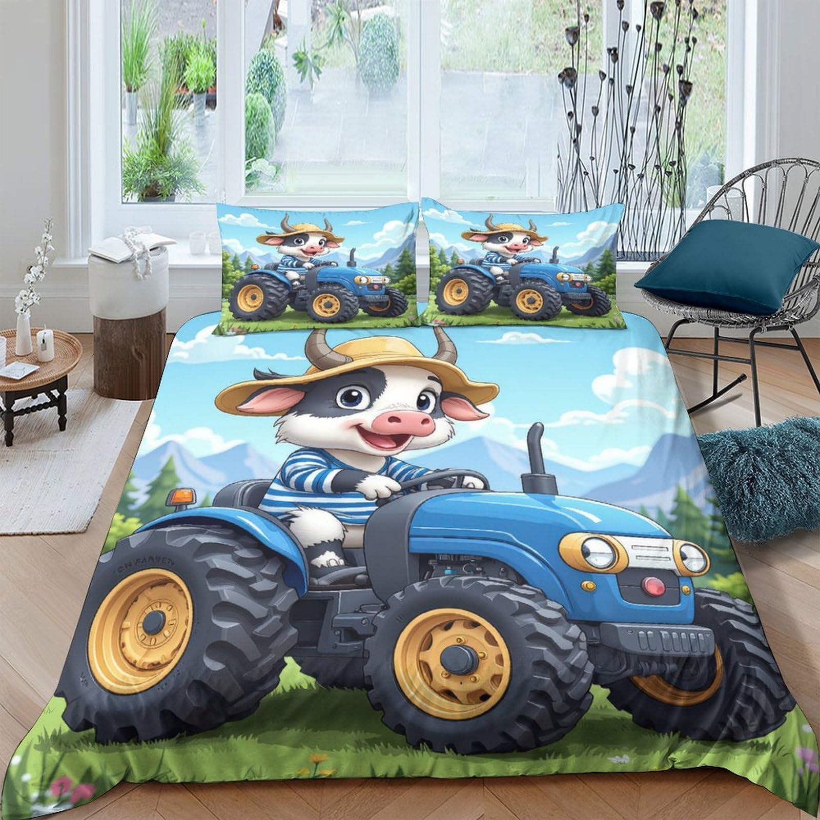 Ctjqhvkz Style-8 3D Printed Cartoon Cow Fitted Sheet Microfiber Blue Tractor Bed Cover Non-Slip Washable For Bedroom Dorm Decor Single（135X200cm）