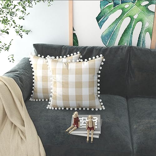 Buffalo - Fundas de almohada decorativas a cuadros con pompones, de algodón, estilo retro, estilo rural, para sofá, automóvil, 2 unidades, 24 x 24